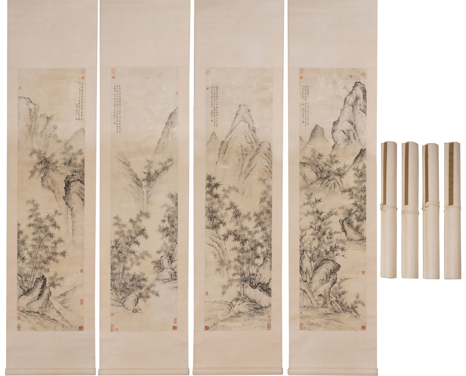 Zhu Sheng Bamboo and Stone Mountain and Water Four-Panel Paper (1 of 15)