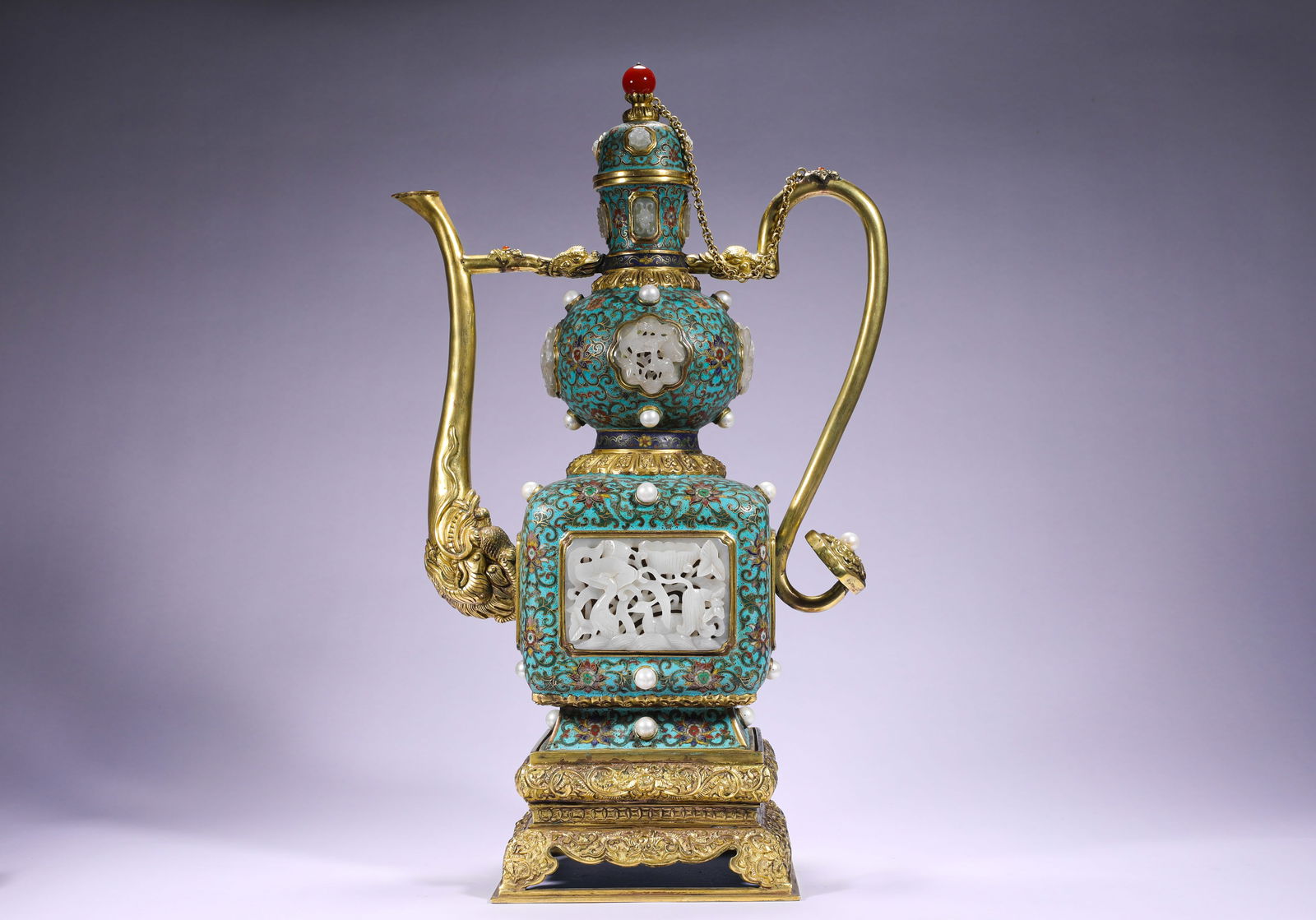 Qing Dynasty Qianlong copper cloisonne enamel inlaid with Hetian jade handle pot (1 of 9)
