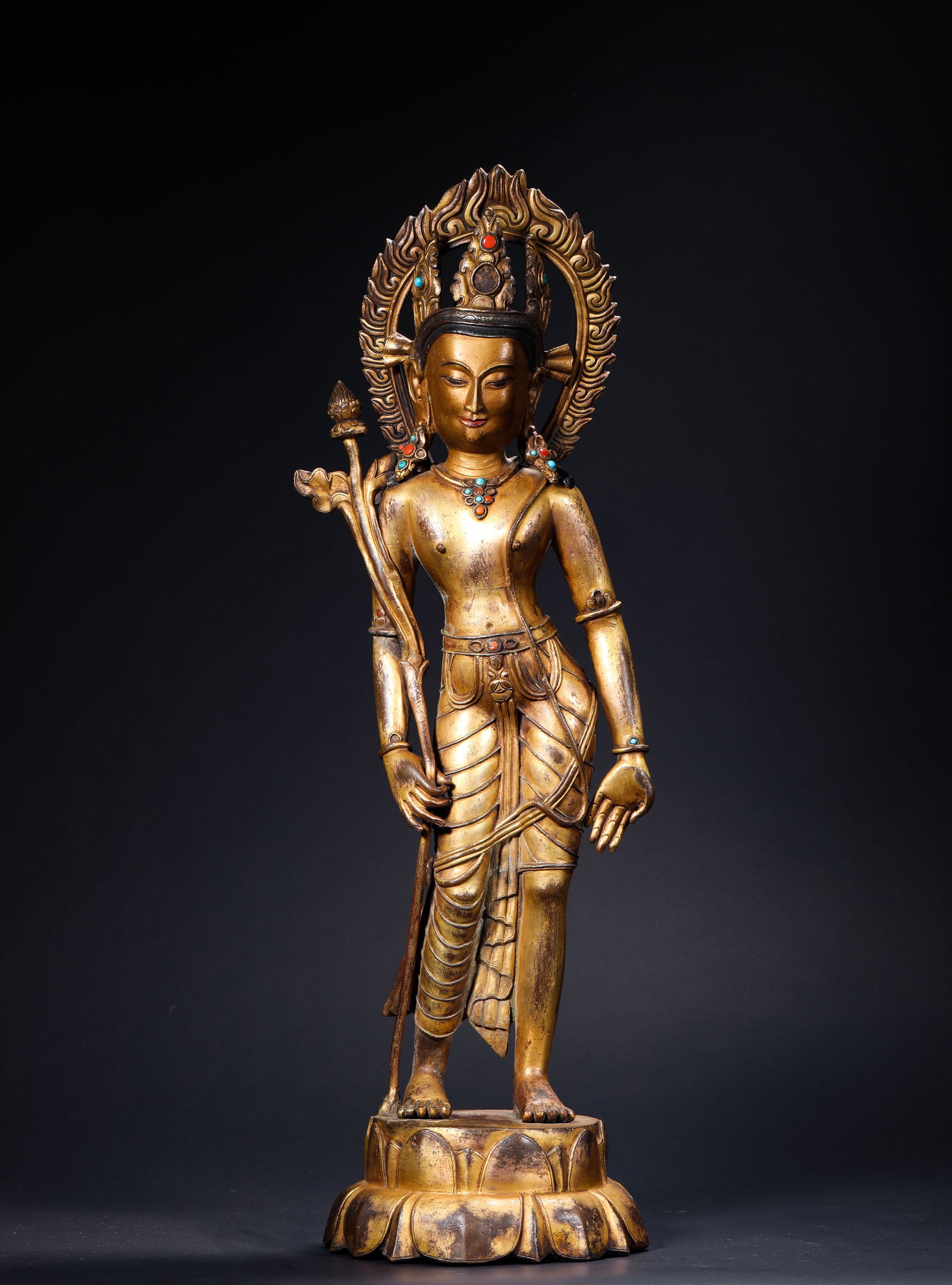 15th-century gilded copper statue of Guanyin holding a lotus hand (1 of 9)