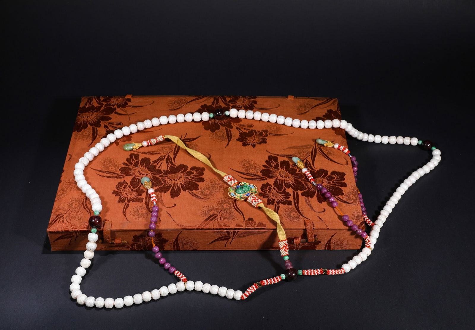 QING DYNASTY, DONGZHU PEARL COURT PEARL: Name QING DYNASTY, DONGZHU PEARL COURT PEARL Dimensions D:1.5cm Weight:570g This is a set of Dongzhu court beads in the style of the Qing Dynasty court, paired with the original brocade storage box. T