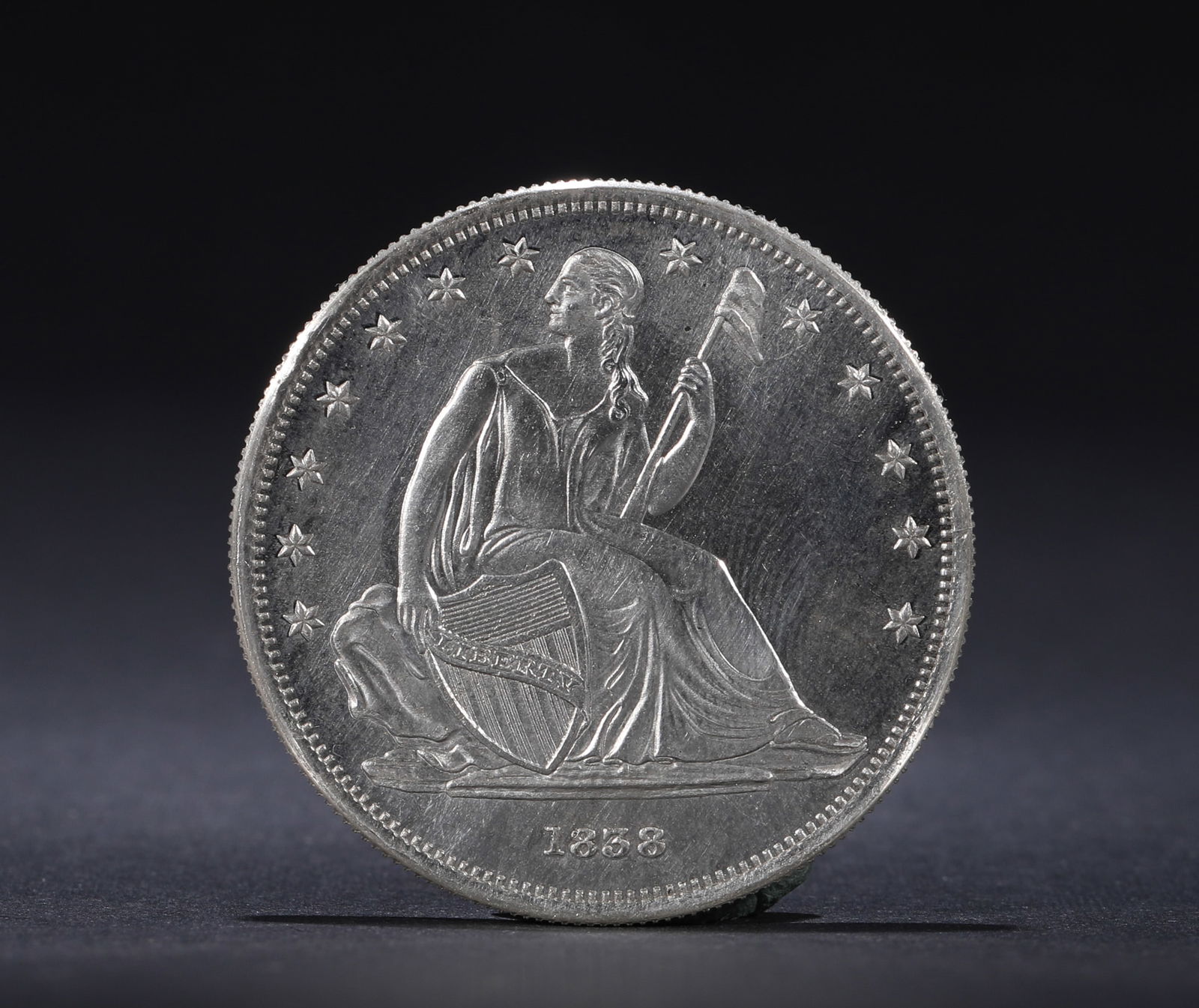 1858 AMERICAN STATUE OF LIBERTY SILVER COIN: Name 1858 AMERICAN STATUE OF LIBERTY SILVER COIN Dimensions D:3.7cm Weight:27g Condition Additional photographs and condition reports are available upon request as a courtesy to ou