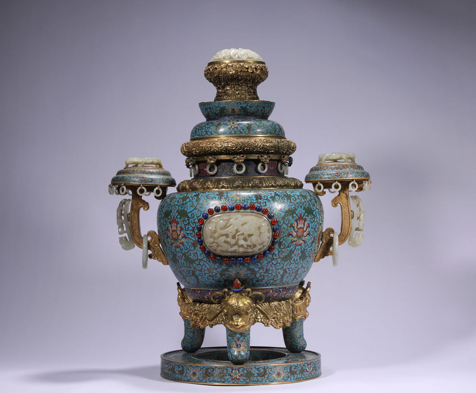 QING DYNASTY, QIANLONG COPPER CLOISONNE INLAID WITH HETIAN JADE INCENSE BURNER (1 of 13)