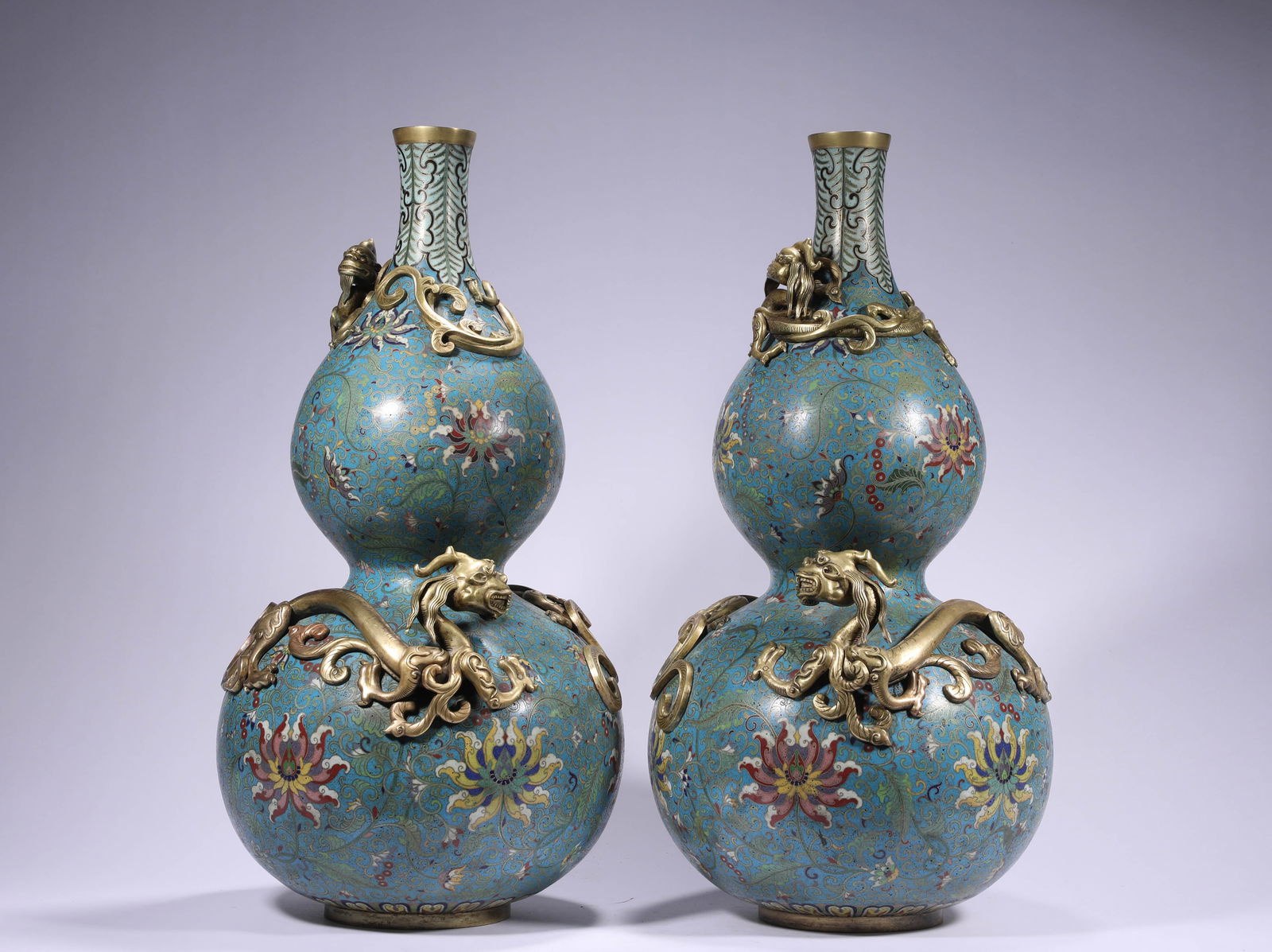 A PAIR OF QIANLONG COPPER CLOISONNE ENAMEL GOURD-SHAPED VASES (1 of 10)