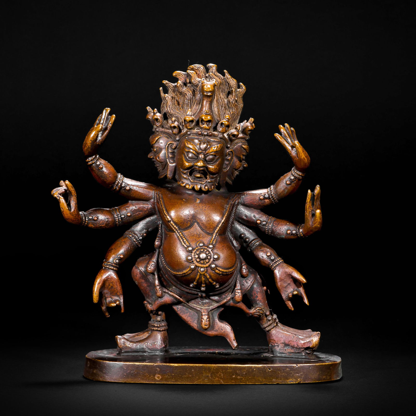 QING DYNASTY, BRONZE BUDDHA AND HORSE-HEAD STATUE OF MING WANG: Name QING DYNASTY, BRONZE BUDDHA AND HORSE-HEAD STATUE OF MING WANG Dimensions H:17cm W:13cm Weight1500g This statue embodies the typical characteristics of Tibetan Buddhist art in terms of its form,