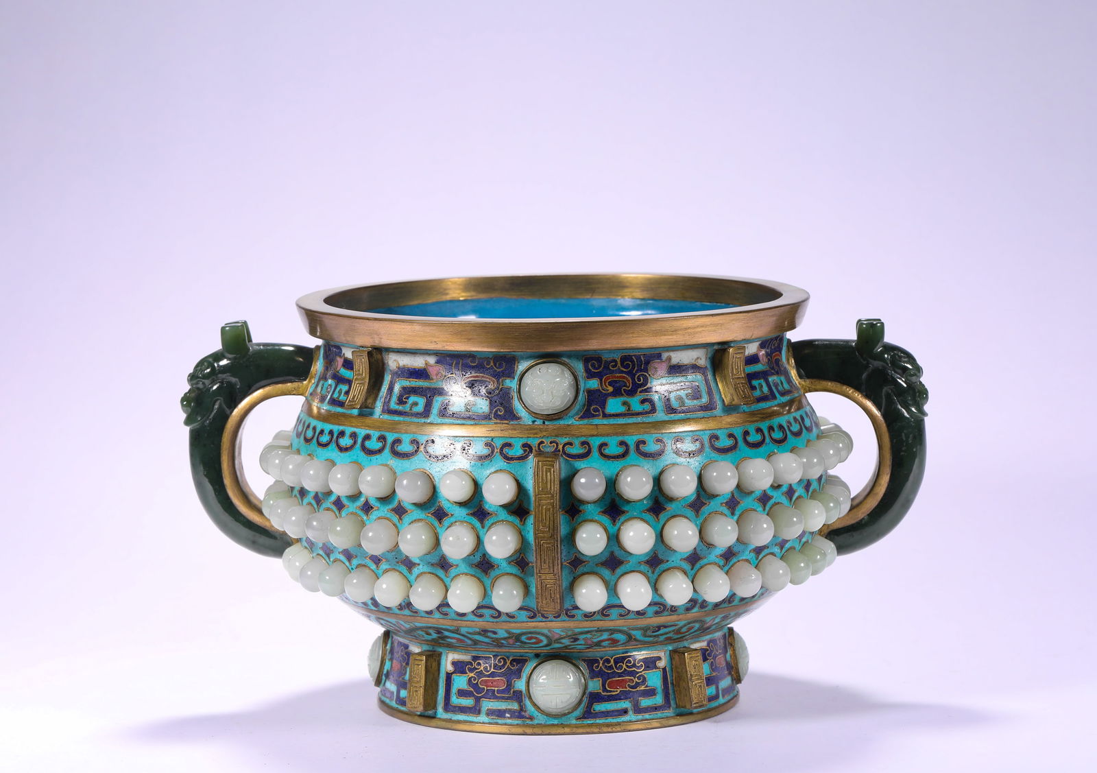 QING DYNASTY, QIANLONG COPPER CLOISONNE INLAID WITH HETIAN JADE INCENSE BURNER: Name QING DYNASTY, QIANLONG COPPER CLOISONNE INLAID WITH HETIAN JADE INCENSE BURNER Dimensions H:15cm W:23cm Weight:1890g Condition Additional photographs and condition reports ar