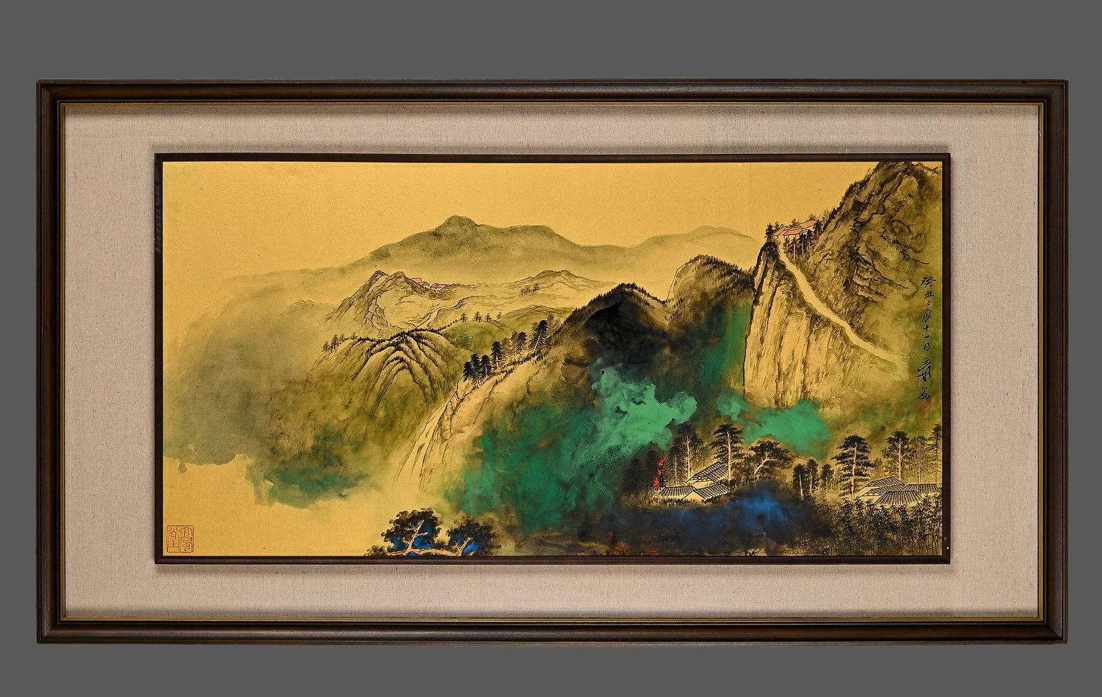 FRAME OF ZHANG DAQIAN'S SPLASHED COLOR LANDSCAPE DRAWING: Name FRAME OF ZHANG DAQIAN'S SPLASHED COLOR LANDSCAPE DRAWING Dimensions 44cmX89cm 64cmX119cm Condition Additional photographs and condition reports are available upon request