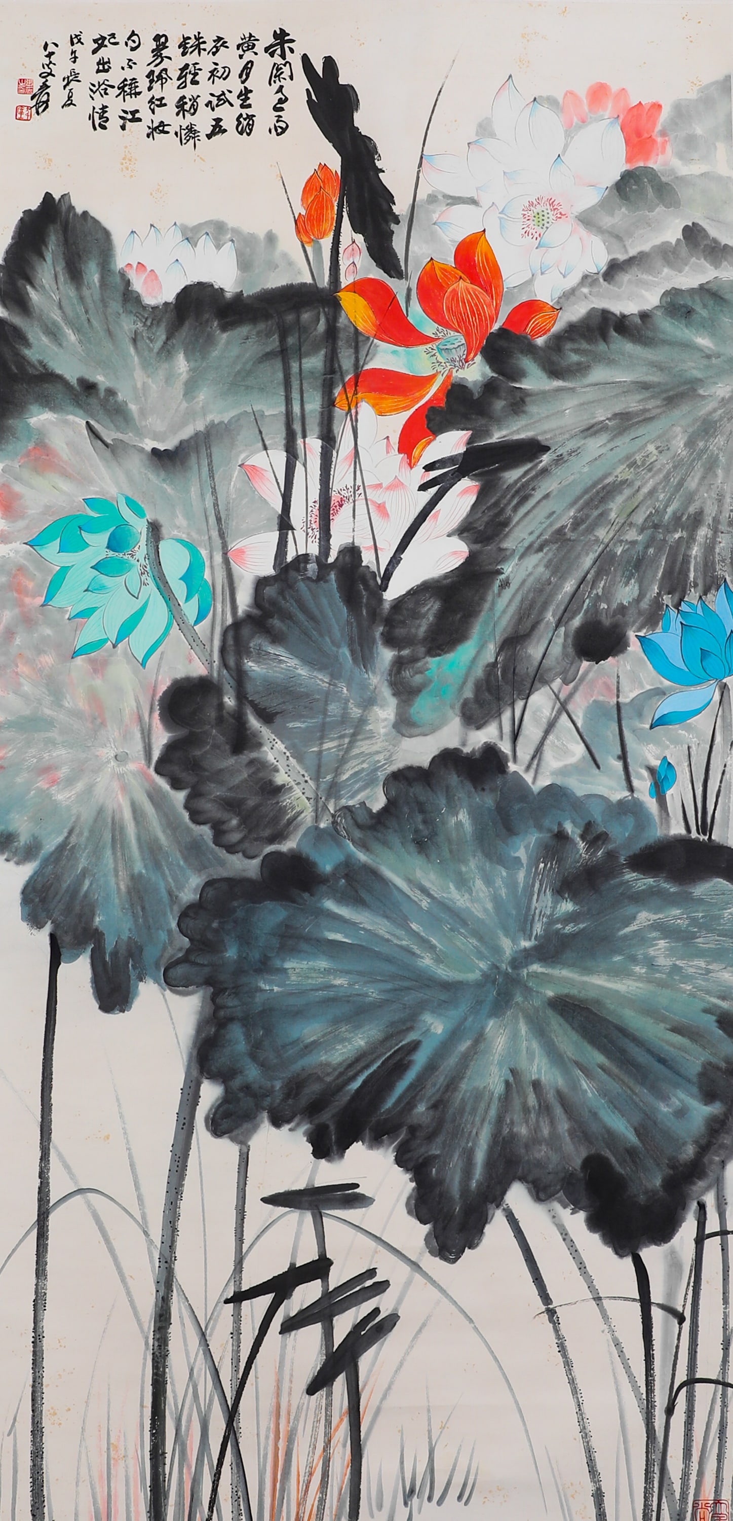 ZHANG DAQIAN'S SPLASHED-COLOR LOTUS SCROLL: Name ZHANG DAQIAN'S SPLASHED-COLOR LOTUS SCROLL Dimensions H:136cm W:65cm Condition Additional photographs and condition reports are available upon request as a courtesy to our cli