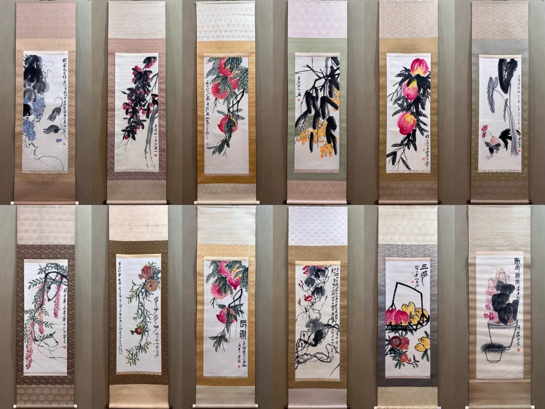 12 SCREENS OF FLOWERS AND BIRDS BY QI BAISHI: Name 12 SCREENS OF FLOWERS AND BIRDS BY QI BAISHI Dimensions W:34cmH:103cm Condition Additional photographs and condition reports are available upon request as a courtesy to our cli