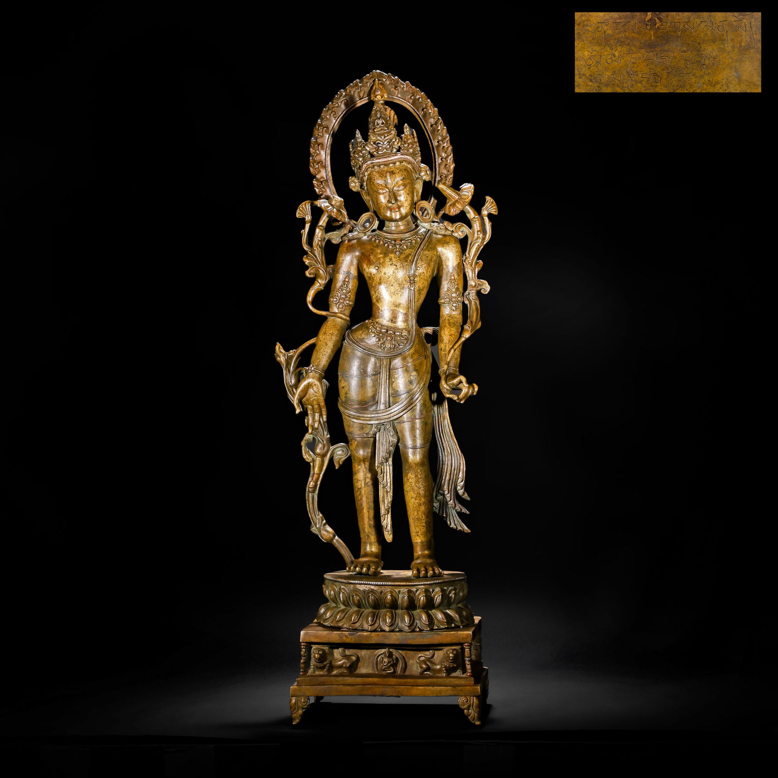 13TH-CENTURY GILDED BRONZE LOTUS-HAND BUDDHA: Name 13TH-CENTURY GILDED BRONZE LOTUS-HAND BUDDHA Dimensions H: 84 CM; W: 33 CM; WEI GHT: 18250 GTHIS IS A GILT-BRONZE STANDIN G STATUE OF AVALOKITESHVARA, A CLASSIC WORK IN THE TIBETAN BUDDHIST