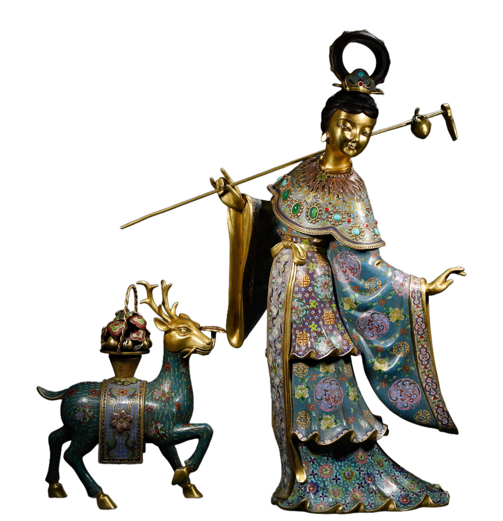 QING DYNASTY, QIANLONG COPPER CLOISONNE ENAMEL MA GU PRESENTING LONGEVITY ORNAMENTS: Name QING DYNASTY, QIANLONG COPPER CLOISONNE ENAMEL MA GU PRESENTING LONGEVITY ORNAMENTS Dimensions H: 92 CM; W: 46 CM; WEI GHT: 37000 GTHIS IS A SET OF QIN G DYNASTY COPPER-BASED CLOISONNE ENAMEL MA