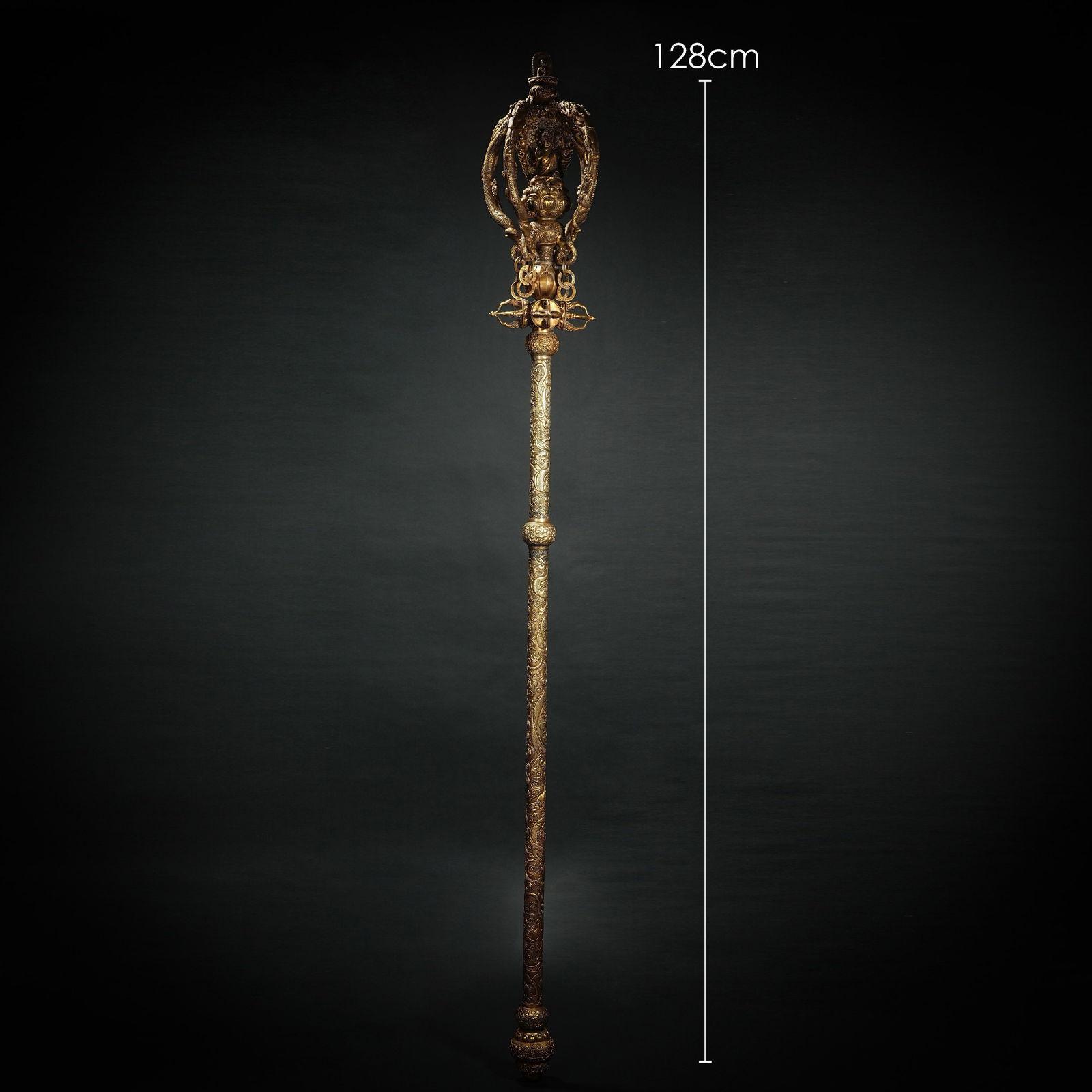 GILDED BRONZE SCEPTER OF THE TANG DYNASTY: Name GILDED BRONZE SCEPTER OF THE TANG DYNASTY Dimensions H: 128 CM Condition Additional photographs and condition reports are available upon request as a courtesy to our clients. Any