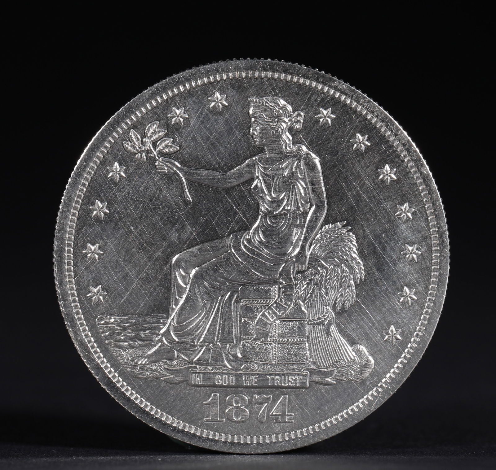 AMERICAN TRADE SILVER DOLLAR IN 1874: Name AMERICAN TRADE SILVER DOLLAR IN 1874 Dimensions D: 3.9 CM; WEI GHT: 27 G Condition Additional photographs and condition reports are available upon request as a courtesy to our clients.