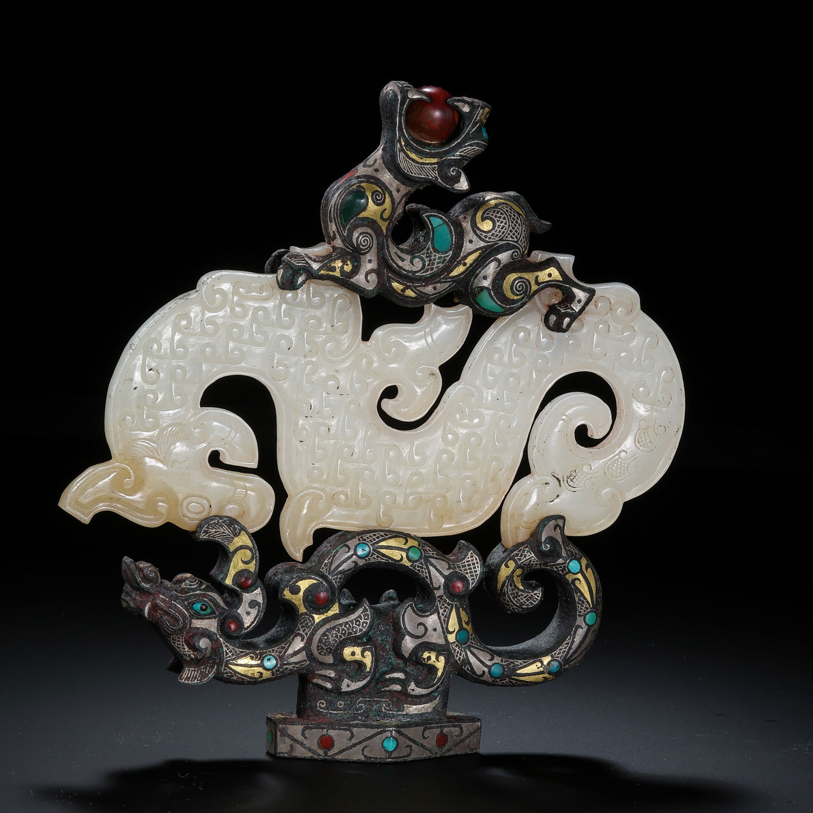 BRONZE WITH GOLD AND SILVER, HETIAN JADE DRAGON PENDANT (1 of 9)