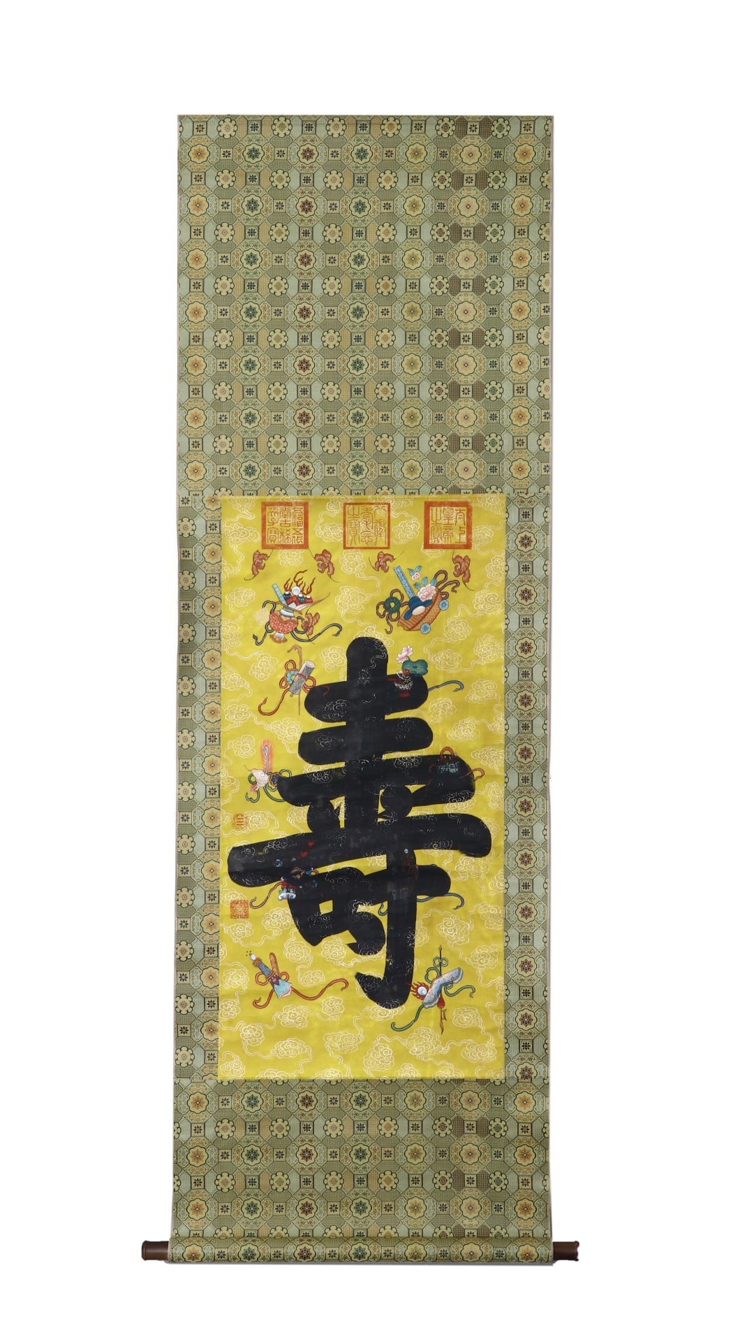 A VERTICAL SCROLL WITH THE CHARACTER "LONGEVITY" WRITTEN BY EMPEROR QIANLONG (ATTRIBUTED): Name A VERTICAL SCROLL WITH THE CHARACTER "LONGEVITY" WRITTEN BY EMPEROR QIANLONG (ATTRIBUTED) Dimensions H: 99 CM; W: 48 CM Condition Additional photographs and condition reports are