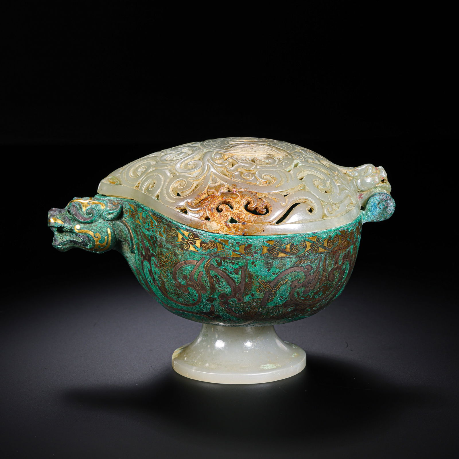 HAN DYNASTY INCENSE WITH COPPER, GOLD AND SILVER INLAYS AND HETIAN JADE (1 of 10)