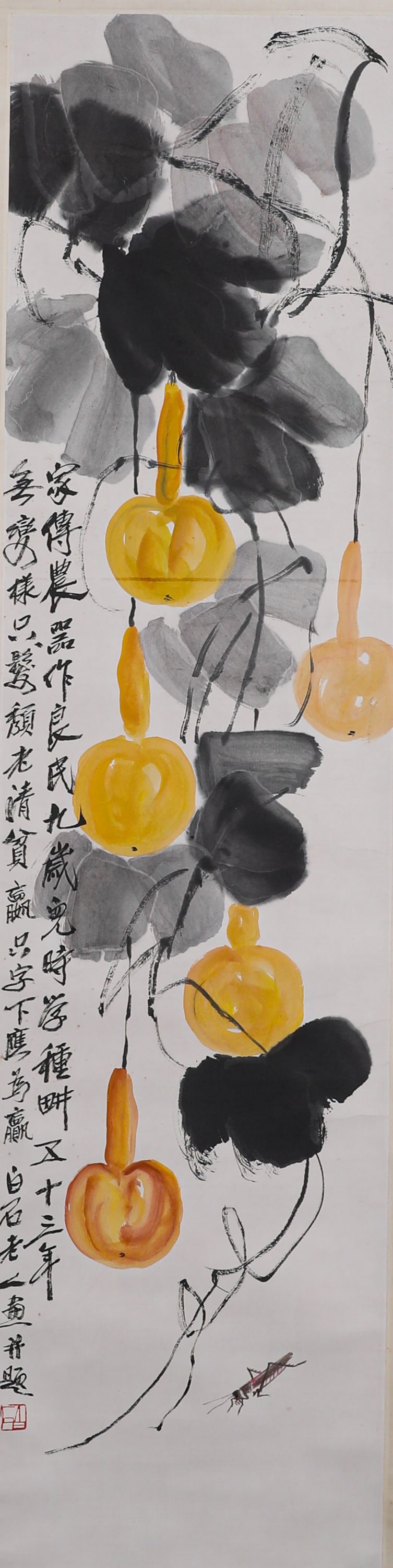 QI BAISHI'S GOURD-PAINTED VERTICAL SCROLL: Name QI BAISHI'S GOURD-PAINTED VERTICAL SCROLL Dimensions H: 135 CM; W: 33 CMTHIS IS THE " GOURD PAINTIN G" BY THE MODERN PAINTER QI BAISHI, WHICH IS ONE OF HIS MOST REPRESENTATIVE SUBJECTS IN