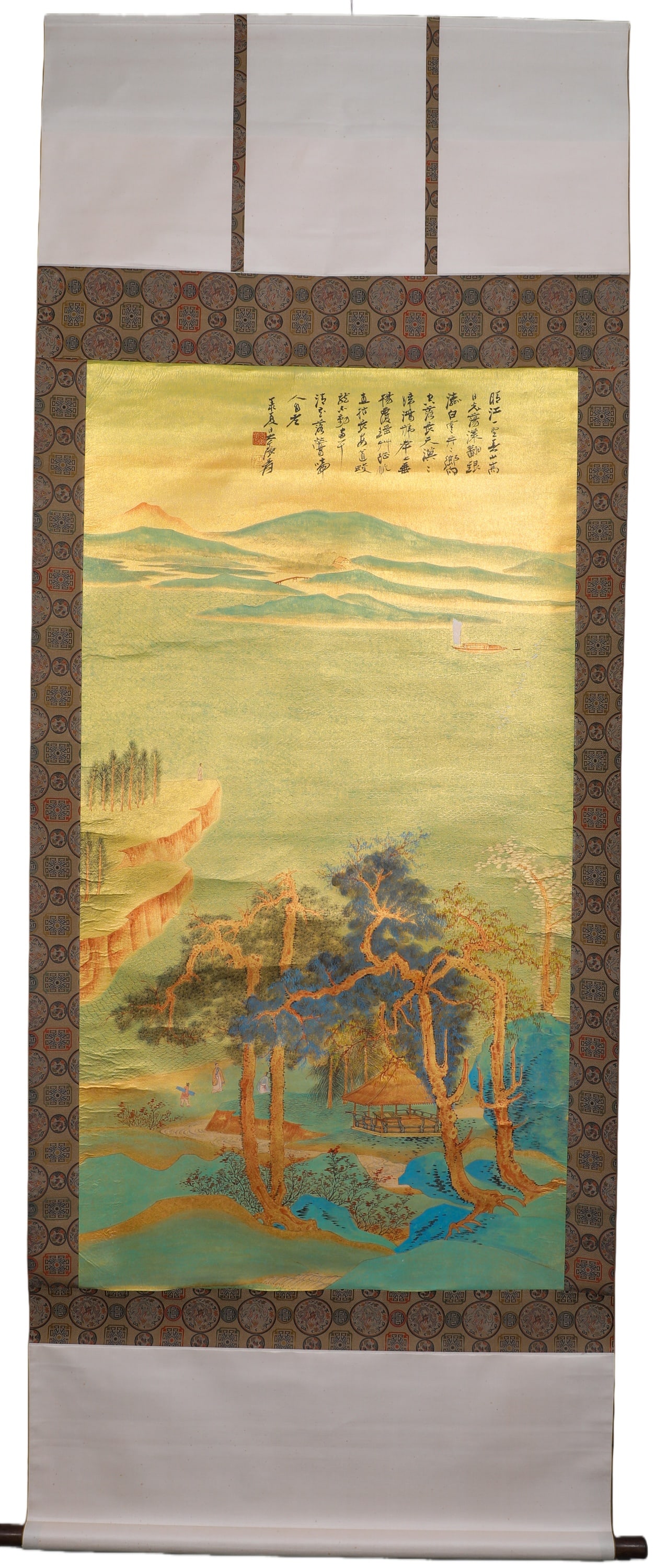 ZHANG DAQIAN (ATTRIBUTED), A THOUSAND MILES OF RIVERS AND MOUNTAINS, A FINE VERTICAL SCROLL: Name ZHANG DAQIAN (ATTRIBUTED), A THOUSAND MILES OF RIVERS AND MOUNTAINS, A FINE VERTICAL SCROLL Dimensions H: 142 CM; W: 76 CMTHIS IS A LANDSCAPE PAINTIN G WITH GOLD AND GREEN PAPER BY ZHAN G DAQIAN,