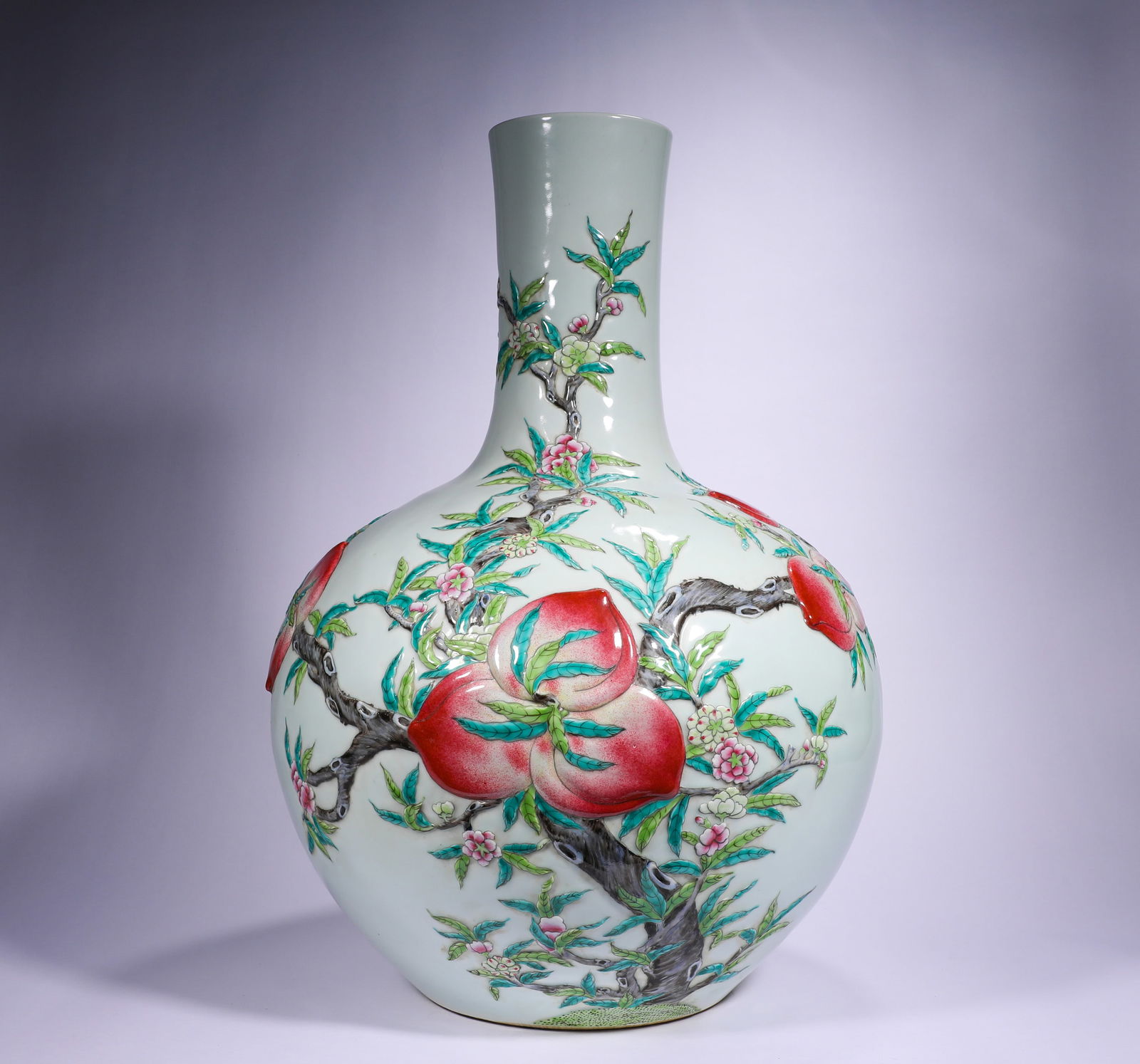 QING DYNASTY, QIANLONG PASTEL CELESTIAL GLOBE VASE: Name QING DYNASTY, QIANLONG PASTEL CELESTIAL GLOBE VASE Dimensions H: 60 CM; D: 36 CMTHIS IS A POLYCHROME NINE-PEACH-PATTERNED CELESTIAL SPHERE VASE FROM THE QIANLON G PERIOD OF THE QIN G DYNASTY,