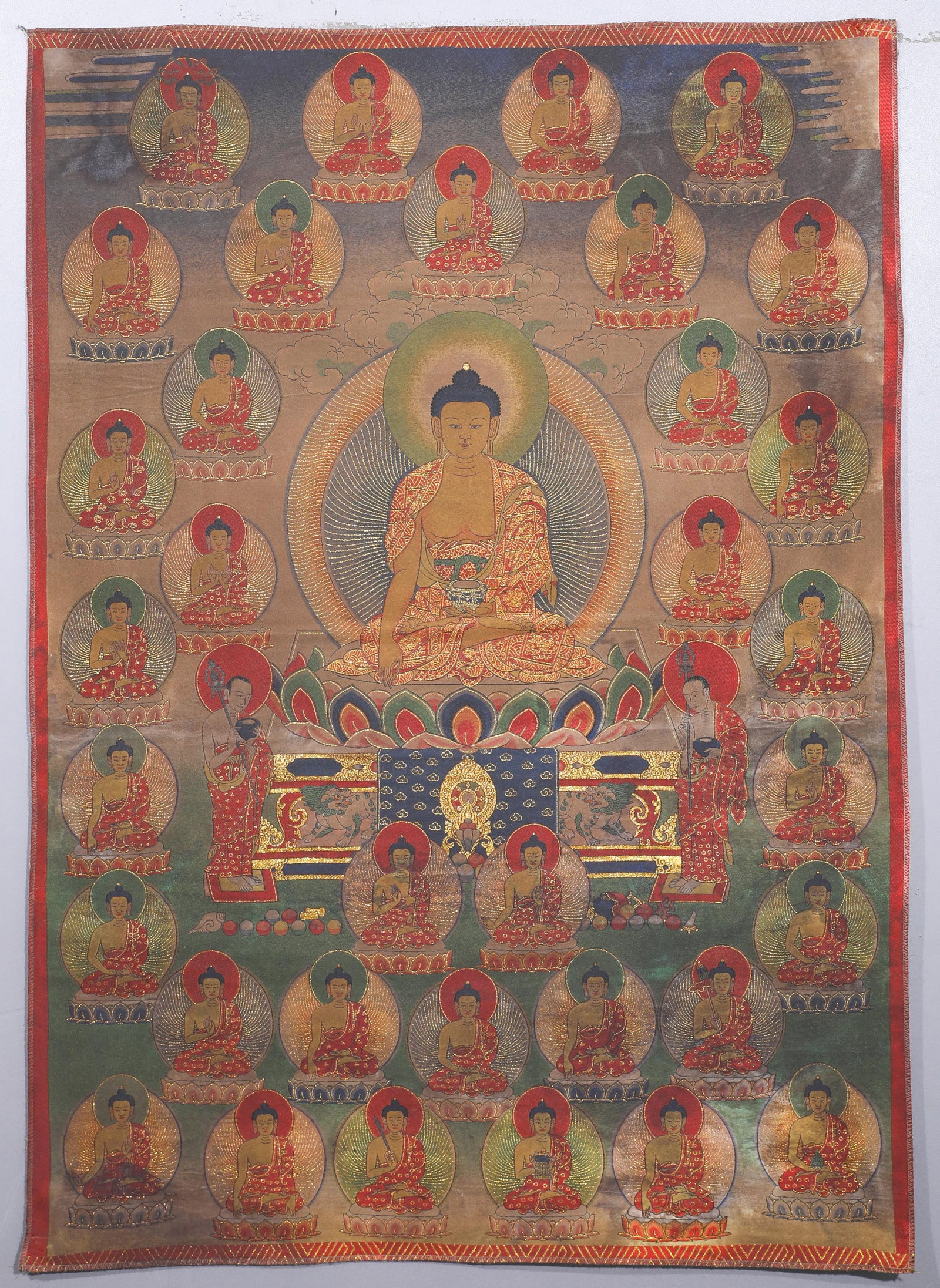 MEDICINE BUDDHA AND THIRTY-FIVE BUDDHAS EMBROIDERED THANGKA (1 of 6)