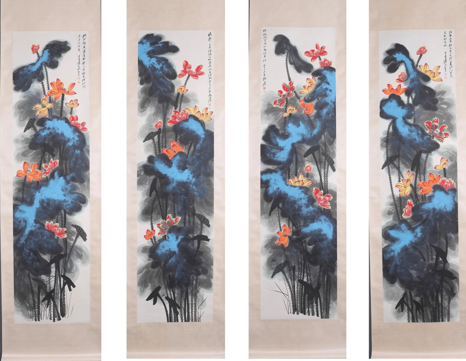 ZHANG DAQIAN (ATTRIBUTED) SPLASHED COLOR INK LOTUS FOUR-PANEL SCREEN (1 of 20)