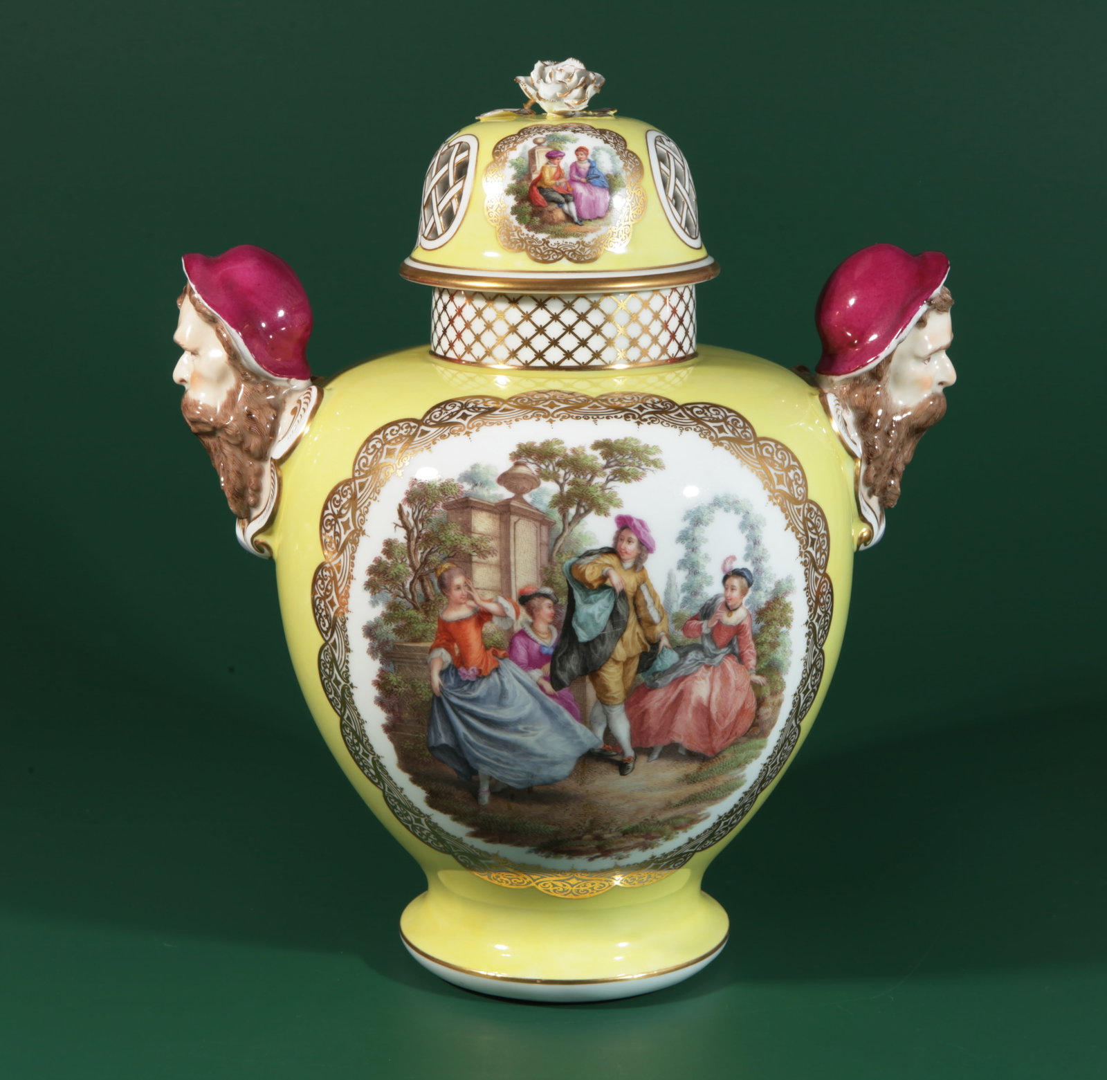 1900 GERMAN ROCOCO COURT-STYLE PORCELAIN VASE WITH LID: LEMON-YELLOW GLAZE BASE, GILDED DETAILS, AND: Name 1900 GERMAN ROCOCO COURT-STYLE PORCELAIN VASE WITH LID: LEMON-YELLOW GLAZE BASE, GILDED DETAILS, AND DOUBLE HANDLES Dimensions Era: 1900Style: Rococo court styleMaterial: Porcelain, goldDimension