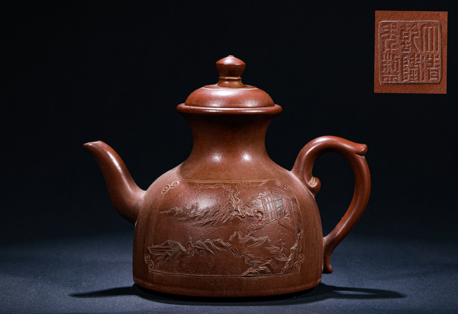 QING DYNASTY PURPLE CLAY TEAPOT WITH PAINTED LANDSCAPE PATTERNS: Name QING DYNASTY PURPLE CLAY TEAPOT WITH PAINTED LANDSCAPE PATTERNS Dimensions H:15cmW:16cm This is a Yixing clay teapot with painted landscape patterns from the Qing Dynasty. Made of Yixing clay, it