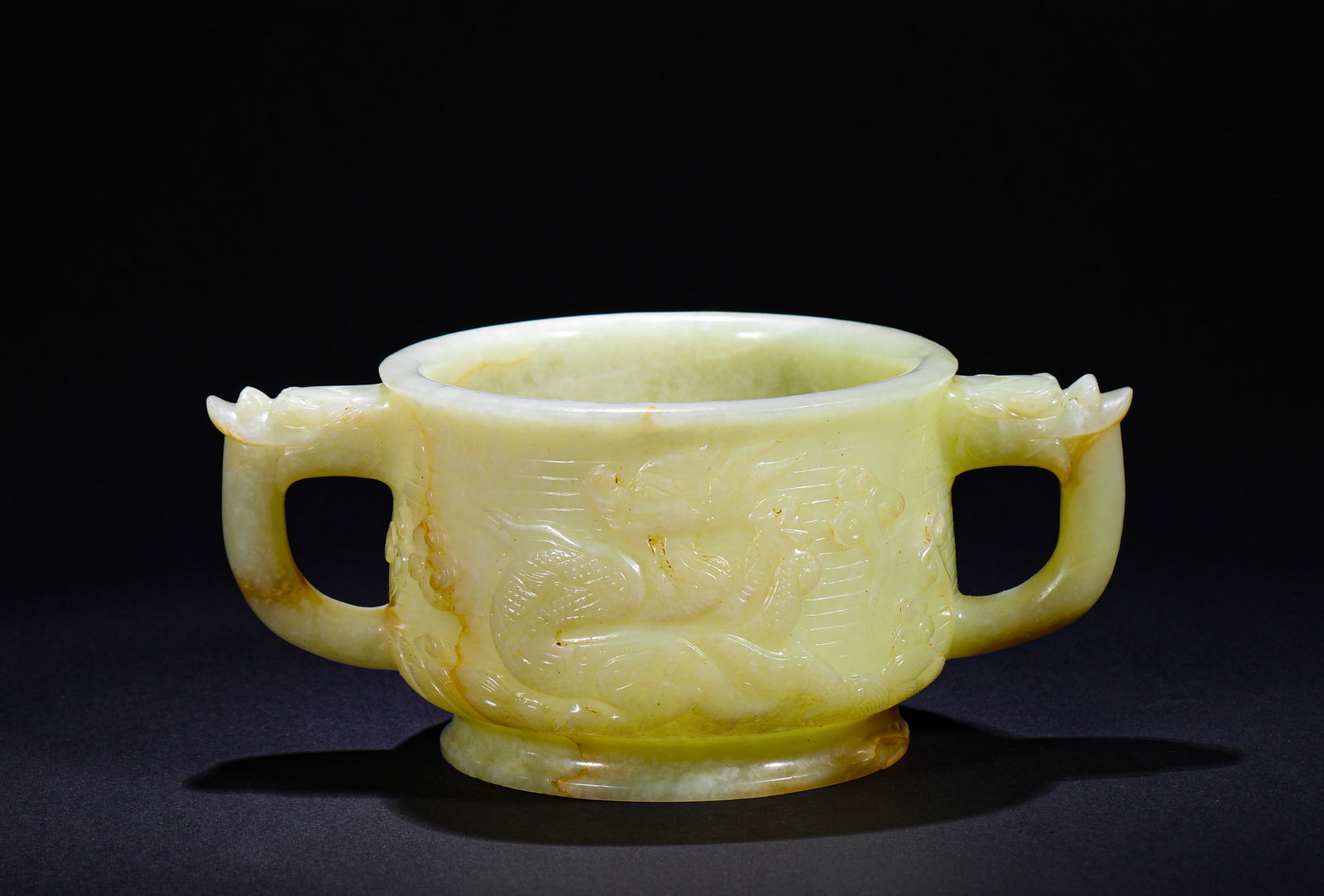 QING DYNASTY GREEN AND YELLOW JADE DOUBLE DRAGON-EAR DRAGON PATTERN FURNACE (1 of 9)