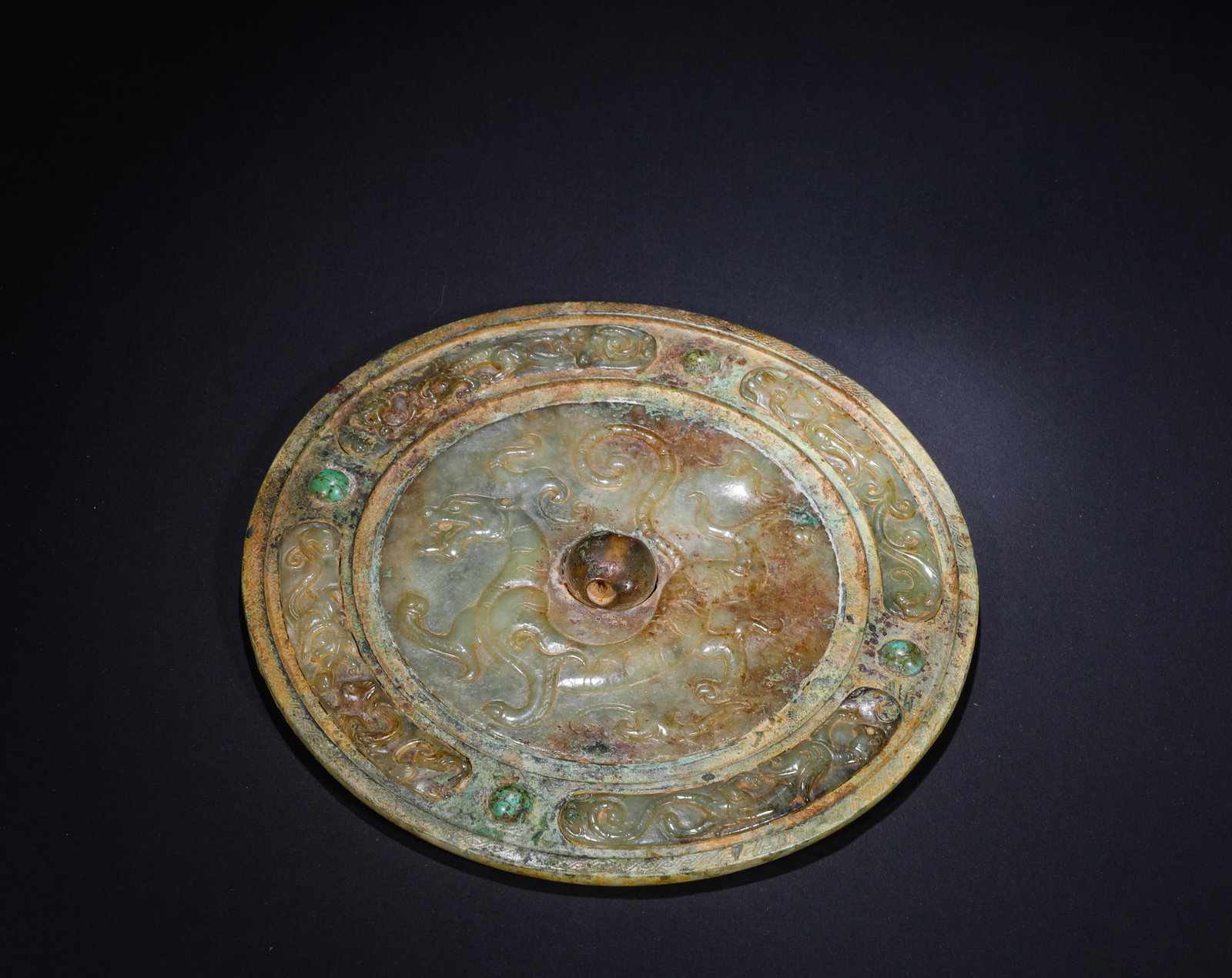 BRONZE MIRROR INLAID WITH JADE AND TURQUOISE WITH DRAGON PATTERN (1 of 6)