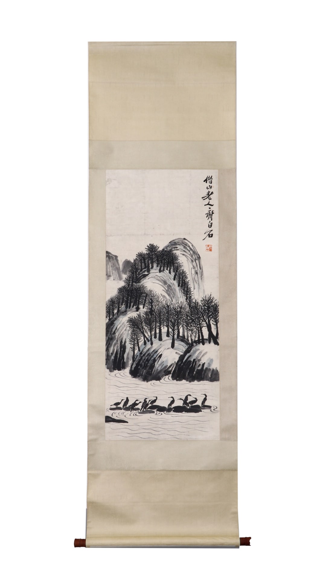 QI BAISHI(ATTRIBUTED) (1864-1957) ON A VERTICAL SCROLL OF SPARSE FOREST AND WILD WATER: Name QI BAISHI(ATTRIBUTED) (1864-1957) ON A VERTICAL SCROLL OF SPARSE FOREST AND WILD WATER Dimensions W:43cmH:103cmQi Baishi (1864-1957) was a great master of traditional Chinese painting in modern t