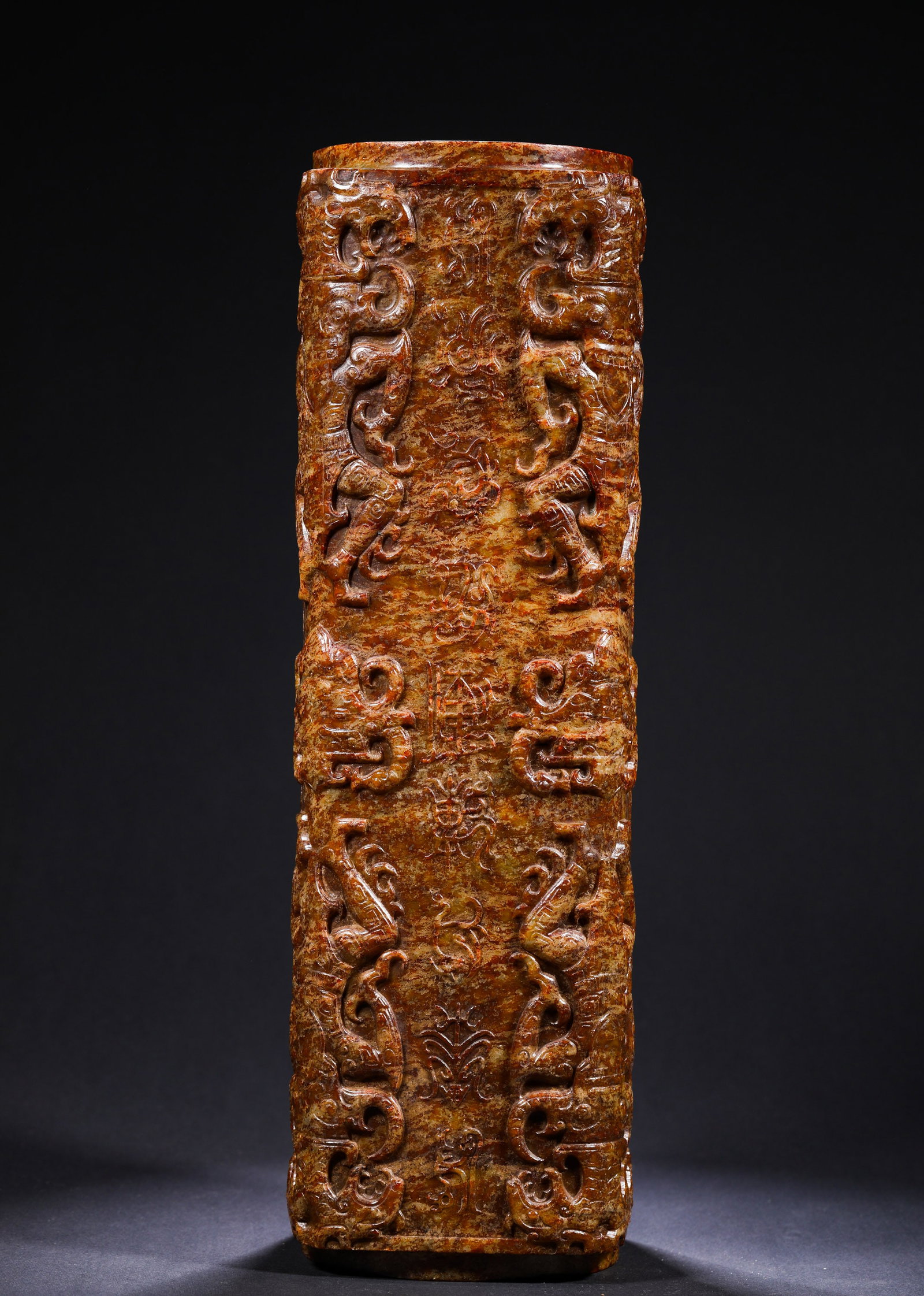 HAN DYNASTY RED-INLAID DRAGON AND PHOENIX PATTERN OVERSIZED JADE CONG (1 of 9)