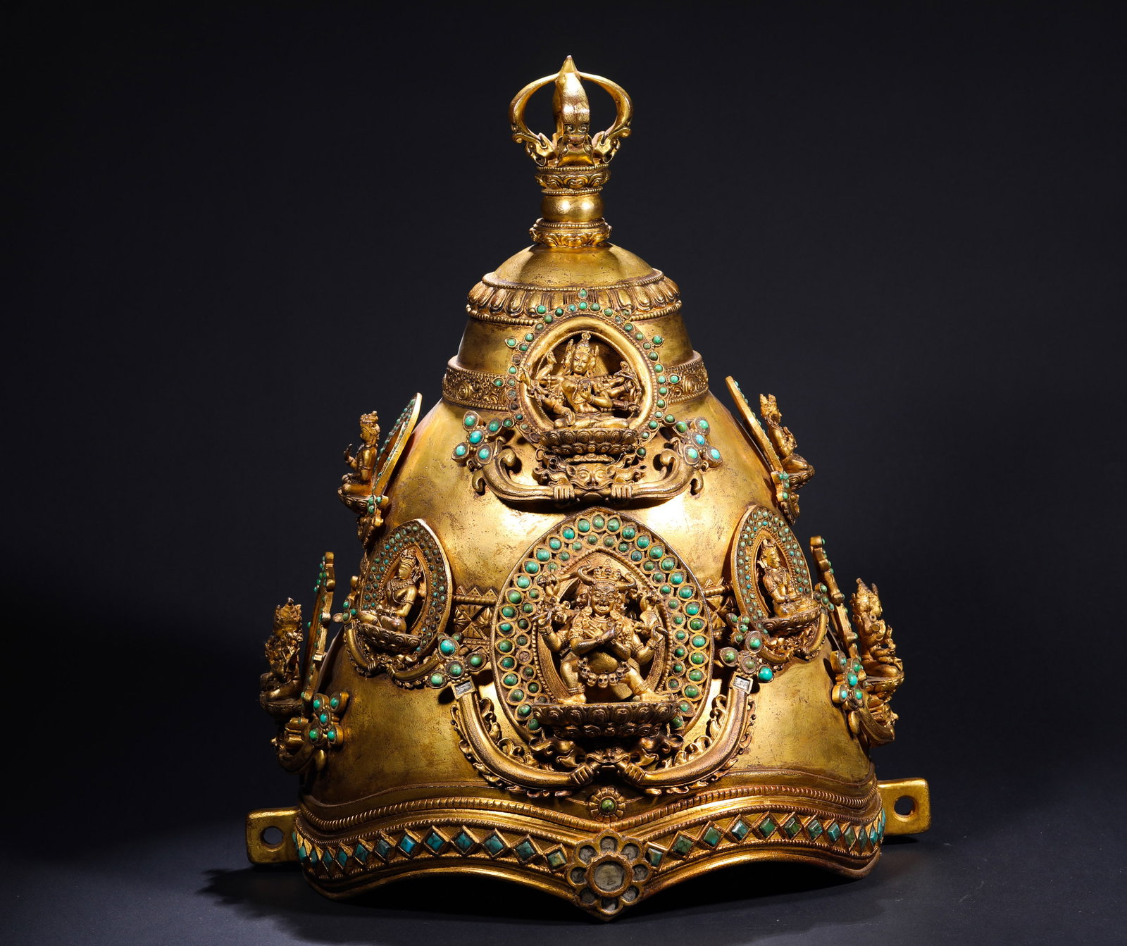 QING DYNASTY GILDED BRONZE INLAID GEMSTONE PROTECTOR CROWN (1 of 9)