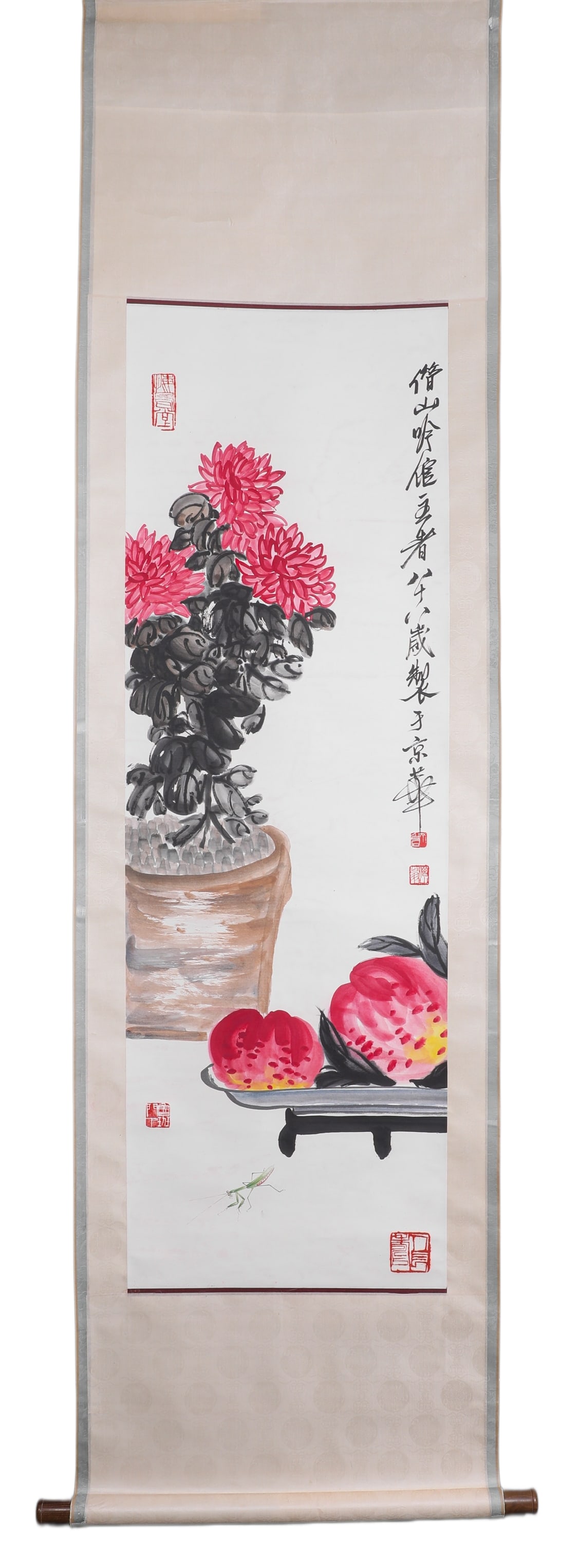 A VERTICAL SCROLL OF QI BAISHI (ATTRIBUTED)'S CHRYSANTHEMUM STONE AND LONGEVITY PEACH (1 of 5)