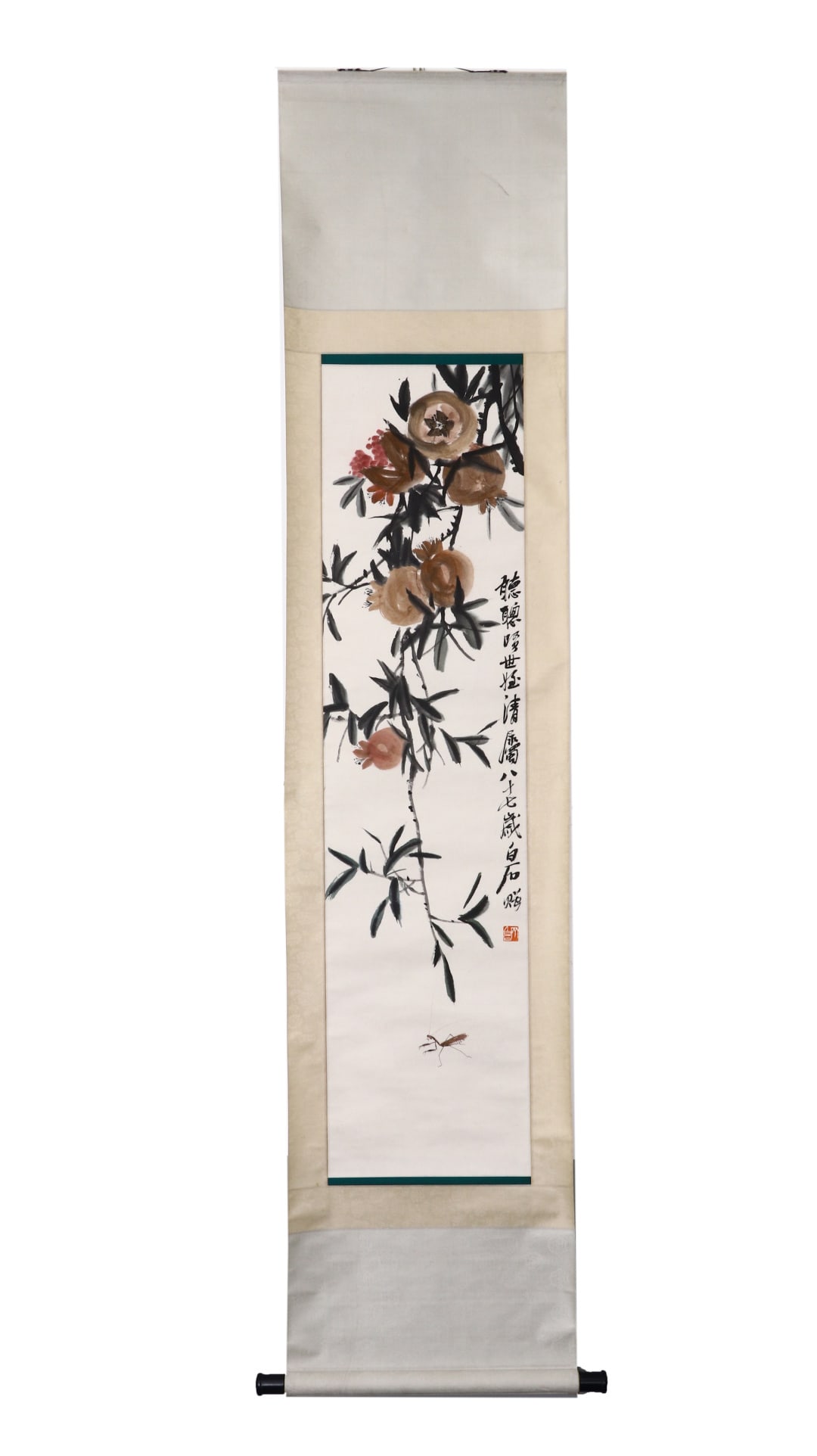 QI BAISHI (ATTRIBUTED) (1864-1957) AUTUMN HARVEST MANTIS: Name QI BAISHI (ATTRIBUTED) (1864-1957) AUTUMN HARVEST MANTIS Dimensions H:133cmW:33cmQi Baishi (1864-1957) was a great master of traditional Chinese painting in modern times. He was good at painting