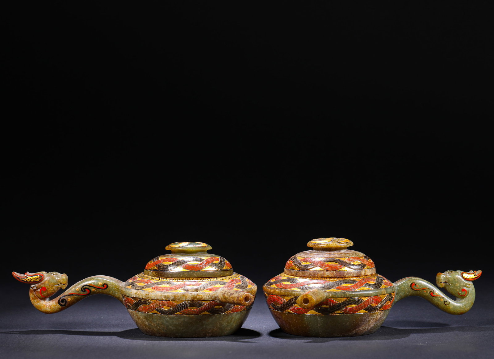 ANCIENT HAN DYNASTY JADE INLAID WITH GOLD AND DECORATED WITH A DRAGON HEAD EWER (1 of 7)