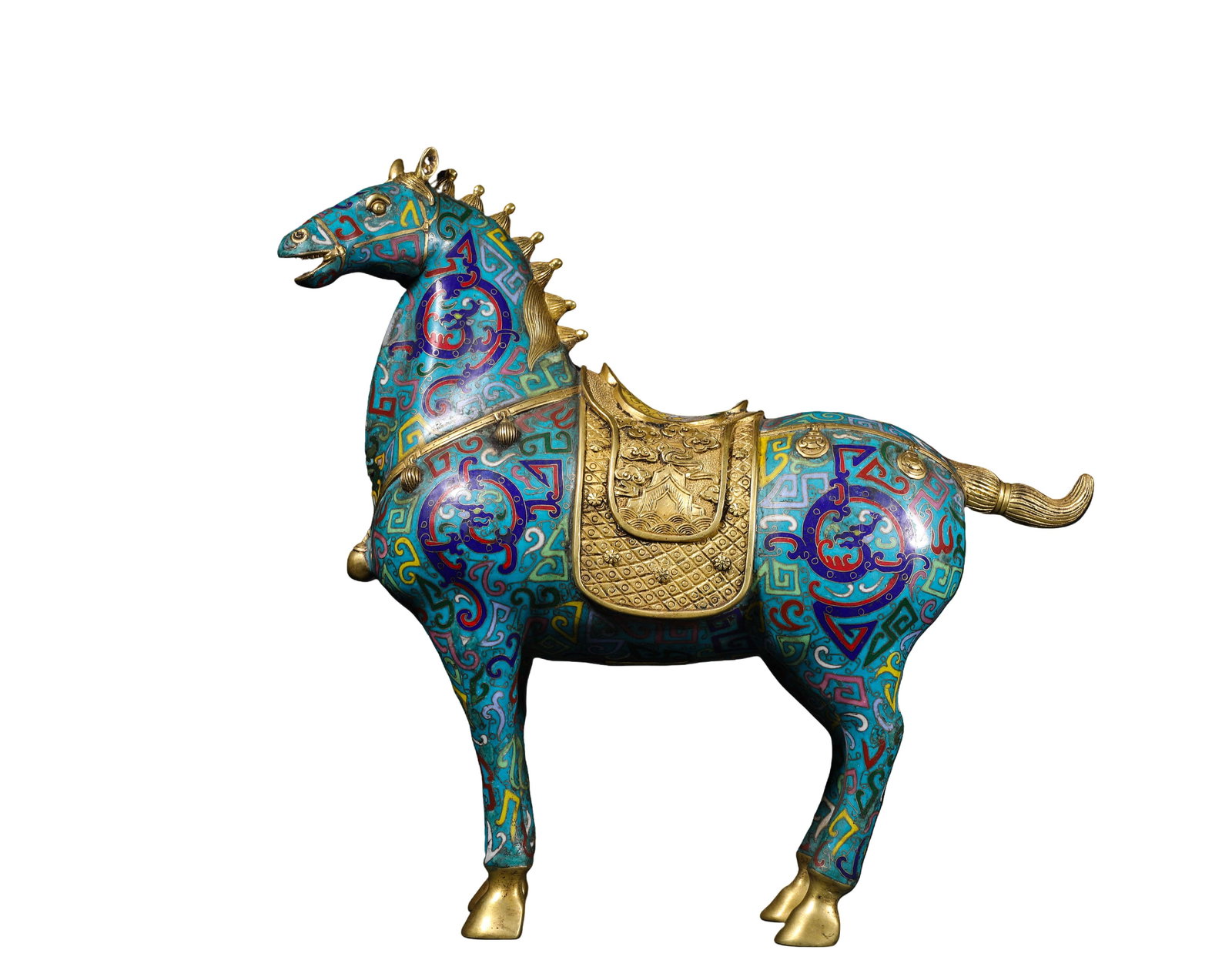 QIANLONG COPPER CLOISONNE HORSE OF THE QING DYNASTY: Name QIANLONG COPPER CLOISONNE HORSE OF THE QING DYNASTY Dimensions H:33cmW:33cmWeight:4550g Condition Additional photographs and condition reports are available upon request as a