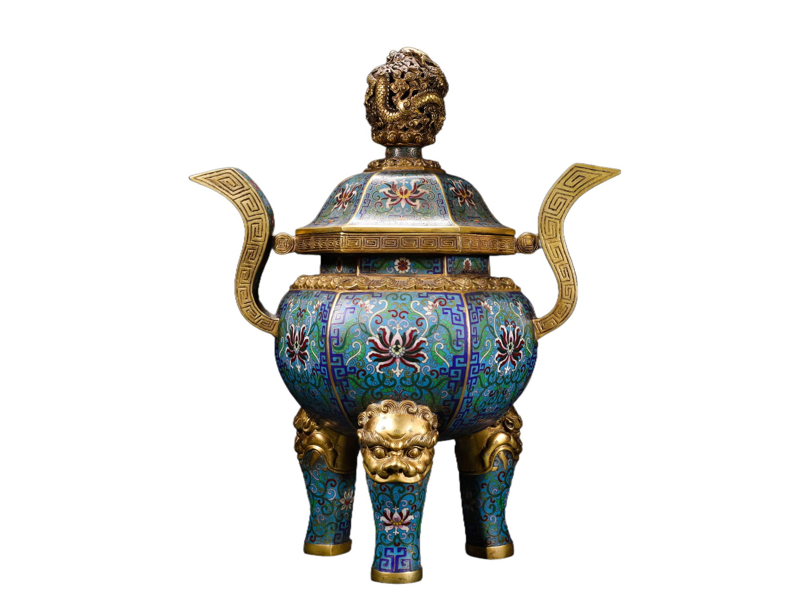 COPPER CLOISONNE ENAMEL INCENSE BURNER OF THE QING DYNASTY: Name COPPER CLOISONNE ENAMEL INCENSE BURNER OF THE QING DYNASTY Dimensions H:42cmW:35cmWeight:9750g Condition Additional photographs and condition reports are available upon reque