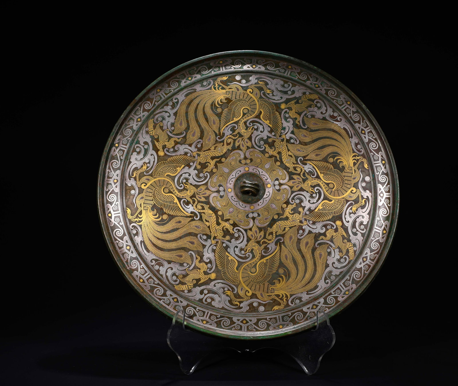 BRONZE MIRROR WITH GOLD AND SILVER DRAGON AND PHOENIX PATTERNS FROM THE WARRING STATES PERIOD (1 of 7)