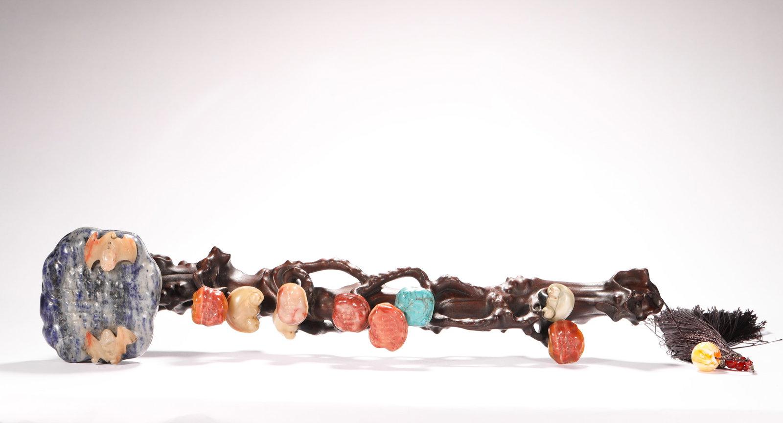 QING DYNASTY YELLOW ROSEWOOD INLAID WITH SHOUSHAN LAPIS LAZULI RUYI: Name QING DYNASTY YELLOW ROSEWOOD INLAID WITH SHOUSHAN LAPIS LAZULI RUYI Dimensions L:42cm Weight:710g Condition Additional photographs and condition reports are available upon