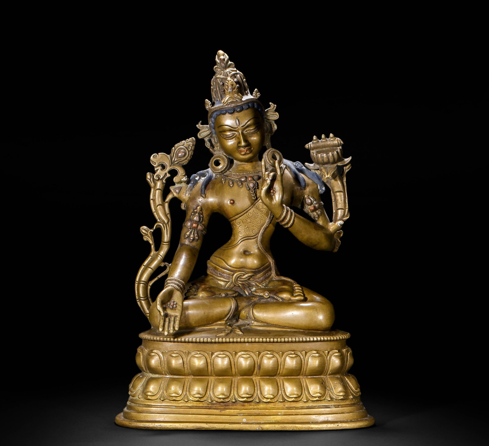 BRONZE GILT MANJUSRI PIZZA FROM THE QING DYNASTY: Name BRONZE GILT MANJUSRI PIZZA FROM THE QING DYNASTY Dimensions H:29cmW:19cmWeight3250g Condition Additional photographs and condition reports are available upon request as a courte