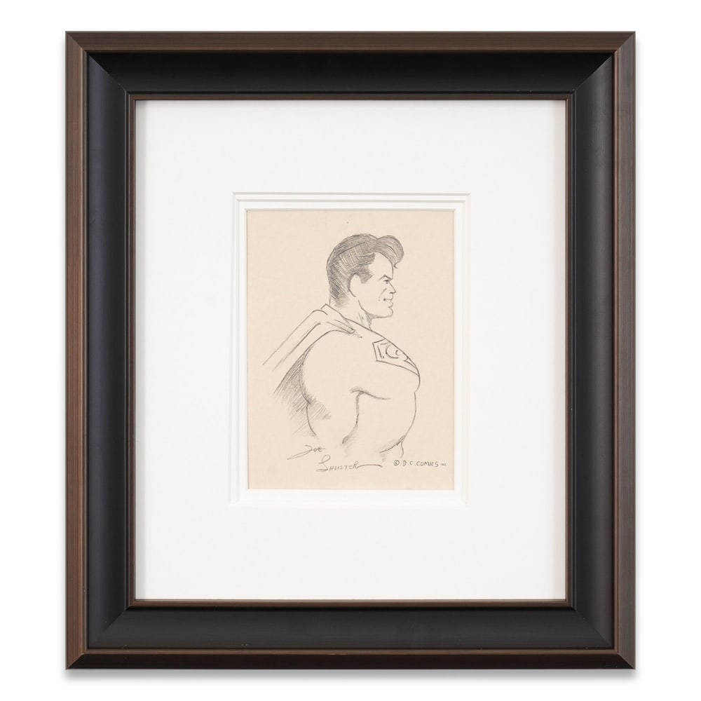 JOE SHUSTER SIGNED ORIGINAL HAND-DRAWN SUPERMAN SKETCH: Image Dimensions: 7 5/8 x 5 1/2 in (19.5 x 14 cm) Framed Dimensions: 17 3/8 x 15 3/8 in (44 x 39 cm) Provenance and Authentication: This collectible has undergone a rigorous forensic evaluation. The s