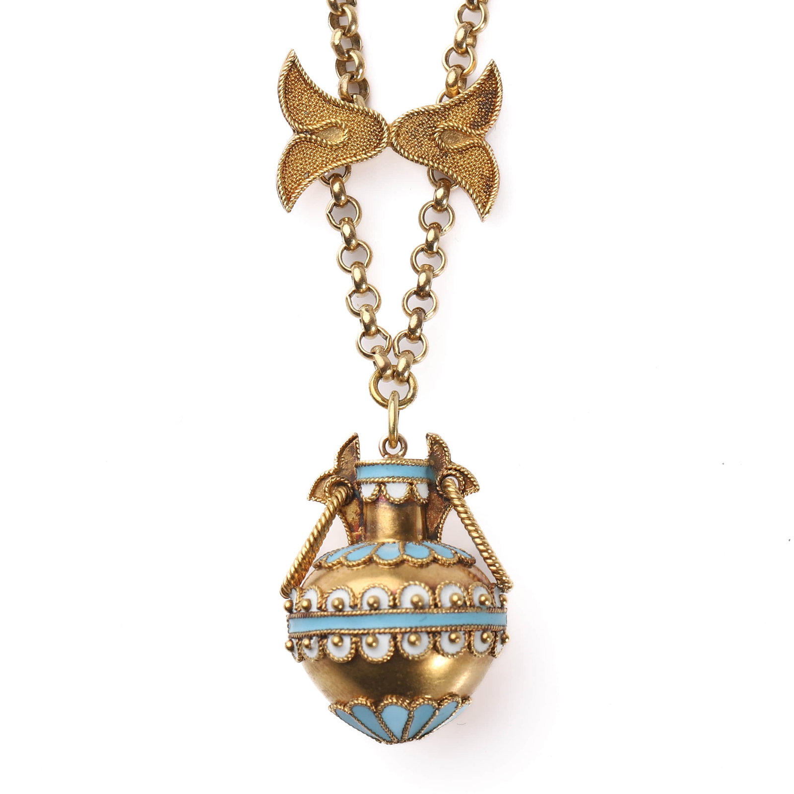 A VICTORIAN ARCHAEOLOGICAL REVIVAL GOLD AND ENAMEL NECKLACE: Dimensions Length 9 7/8 in (25 cm) Description The necklace is crafted in high-carat gold, suspending a pendant in the form of a classical amphora, richly decorated with turquoise-blue and white ename
