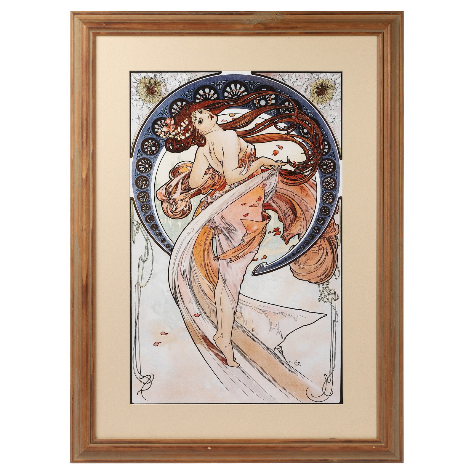 ALPHONSE MUCHA–STYLE ART PRINT (FRAMED): Dimensions 77 x 56.5 cm; Image: 56.5 x 36 cm Description A decorative framed print after the celebrated Art Nouveau master Alphonse Mucha. The composition features a graceful female figure draped in f