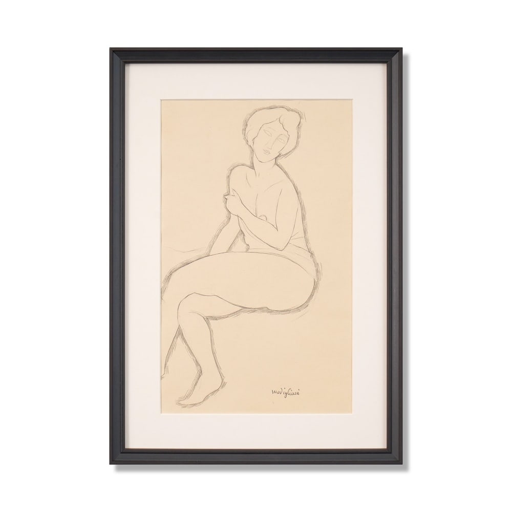 AMEDEO MODIGLIANI (1884-1920), ATTRIBUTED TO, PENCIL ON PAPER: Signed (lower right) Image Dimensions: 16 7/8 x 10 1/2 in (43 x 26.7 cm) Framed Dimensions: 22 1/4 x 15 1/2 in (56.5 x 39.5 cm) This painting comes with COA. Amedeo Modigliani remains one of the most 