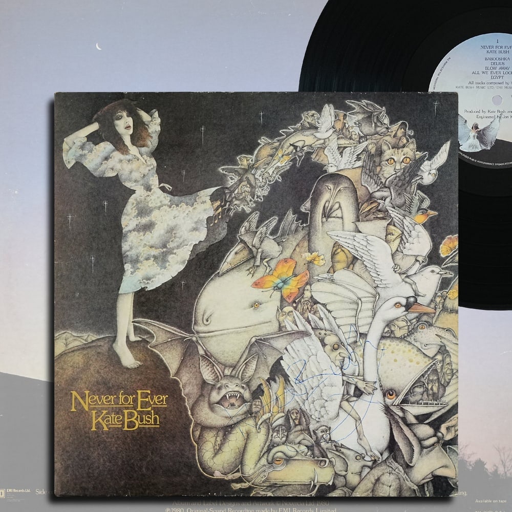 KATE BUSH SIGNED "NEVER FOR EVER" LP: 12 1/4 x 12 1/4 in Provenance and Authentication: This collectible has undergone a rigorous forensic evaluation. The signatures were carefully analyzed across multiple criteria, including ink