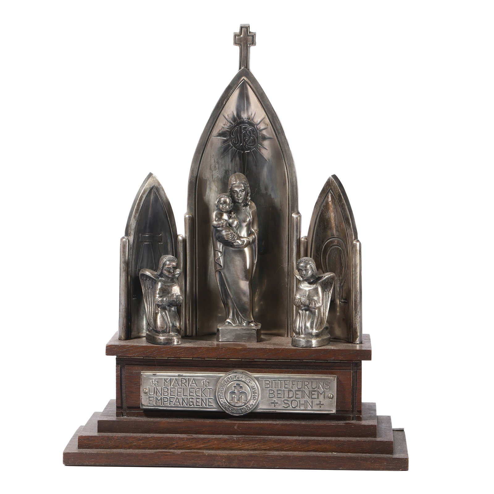 GERMAN, CIRCA 1950 ???MUSICAL AUTOMATON OF THE VIRGIN MARY AND CHILD.: GERMAN, CIRCA 1950 - MUSICAL AUTOMATON OF THE VIRGIN MARY AND CHILD. Medium:?Silvered metal figures mounted on a stepped wooden base, with integrated music box mechanism; reverse lined with red velvet