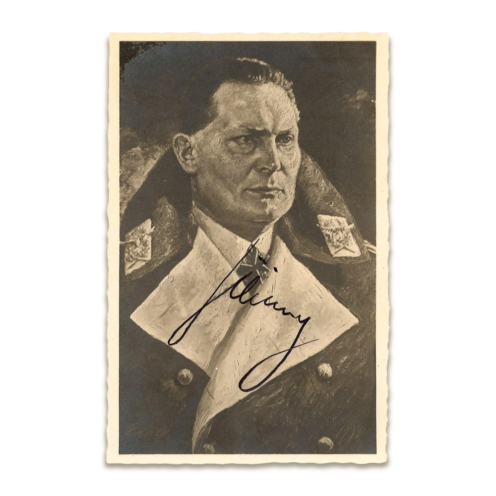 HERMANN GOERING SIGNED POSTCARD: 5 3/8 x 3 5/8 in (13.8 x 9.1 cm) This signed postcard bearing the autograph of Hermann Goering represents a compelling and historically significant artifact from one of the most consequential periods 