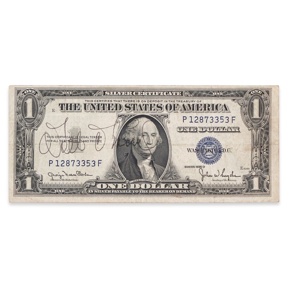 WALT DISNEY SIGNED 1935 U.S. ONE DOLLAR SILVER CERTIFICATE: 6 1/8 x 2 1/2 in (15.5 x 6.5 cm) Provenance and Authentication: This collectible has undergone a rigorous forensic evaluation. The signatures were carefully analyzed across multiple criteria, includin