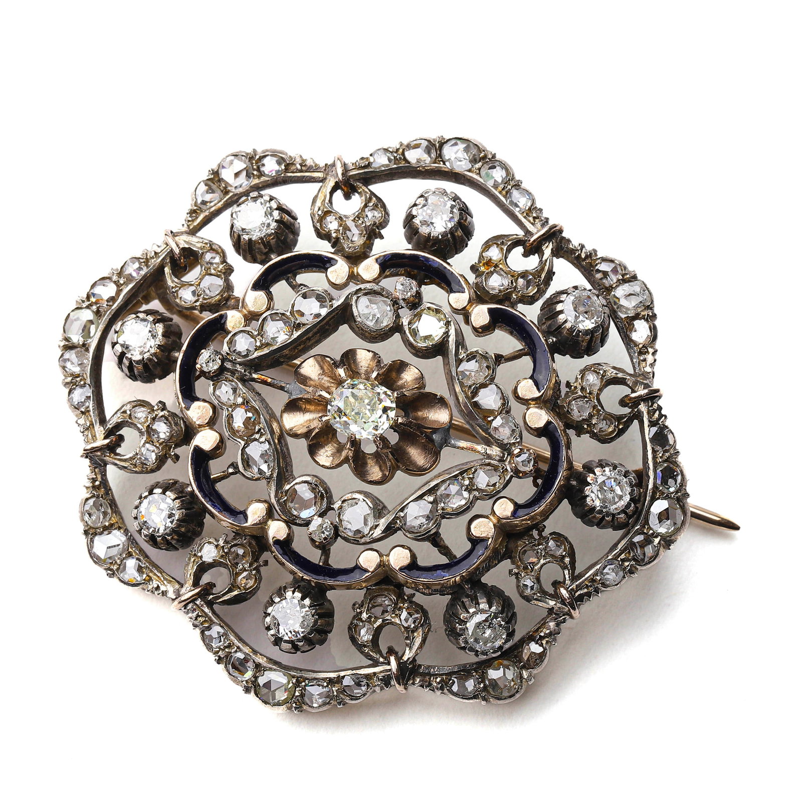 VICTORIAN ERA (1837-1901) ITALIAN GOLD AND SILVER ANTIQUE DIAMOND ENAMEL BROOCH: Description: A stunning antique brooch from the Victorian era, handcrafted in 9K gold with layered silver. Featuring intricate high-temperature mineral enamel work and adorned with 6 carats of old-cut
