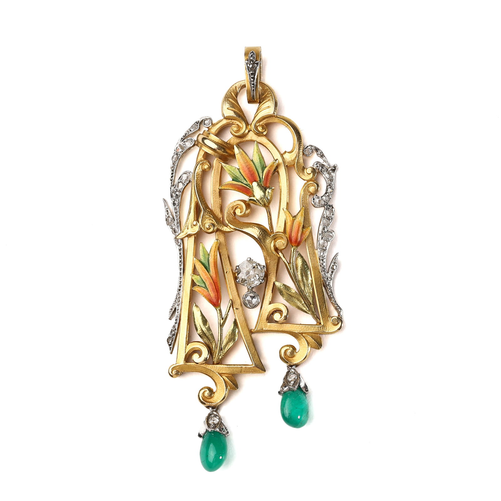 ENAMEL AND DIAMOND FLORAL PENDANT WITH EMERALD DROPS: Dimensions: Height: 2 5/8 in. (6.7 cm), Width: 1 3/16 in. (3 cm), Weight: 17 g Description: A finely crafted openwork pendant composed of yellow and white gold, designed in an Art Nouveau style. The f