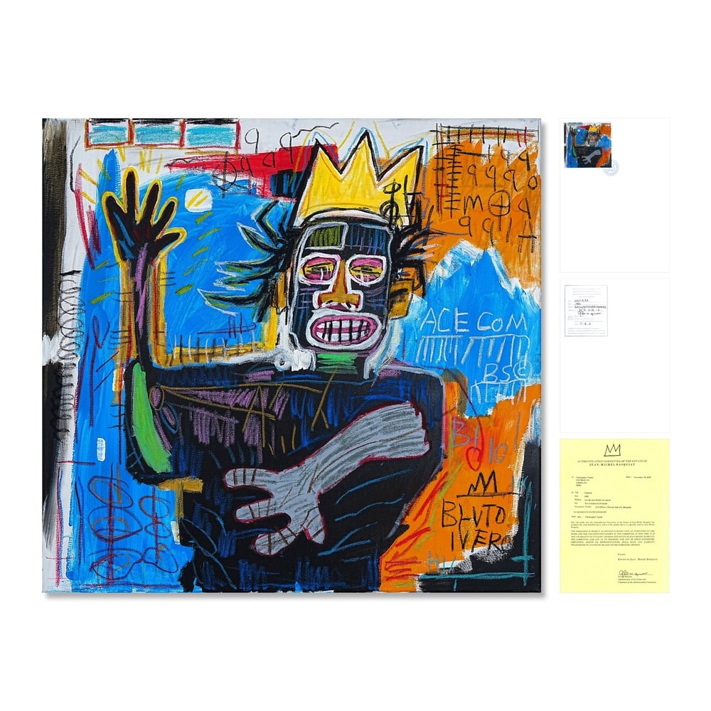 JEAN-MICHEL BASQUIAT (1960-1988), ATTRIBUTED TO, ACRYLIC AND OILSTICK ON CANVAS: Signed (verso) Image Dimensions: 34 1/4 x 36 in (87 x 91.5 cm) This painting comes with COA. Jean-Michel Basquiat remains one of the most transformative figures of late twentieth-century painting, an 